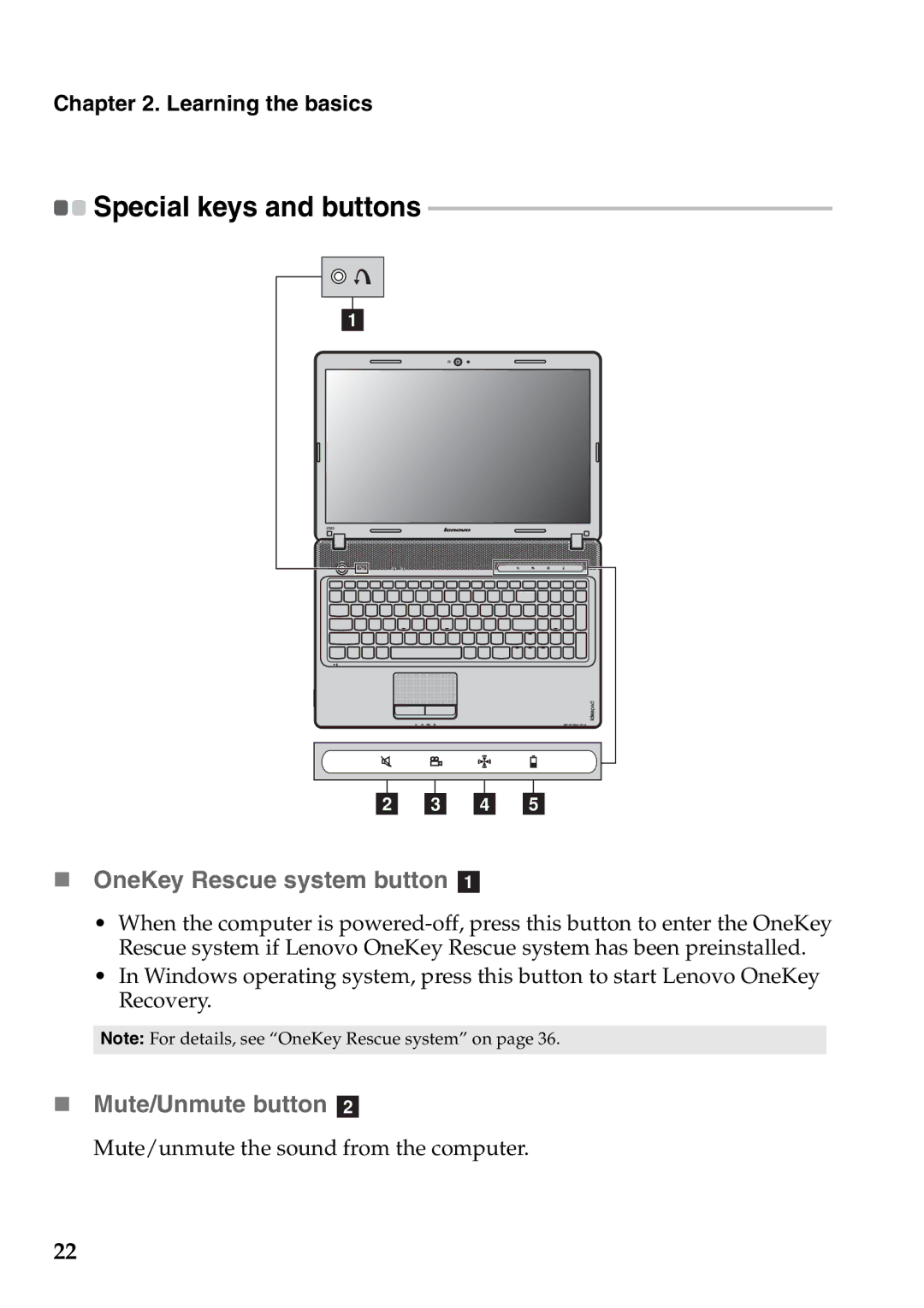 Lenovo Z460, Z565, Z560, Z465 manual „ OneKey Rescue system button a, „ Mute/Unmute button b, Special keys and buttons 