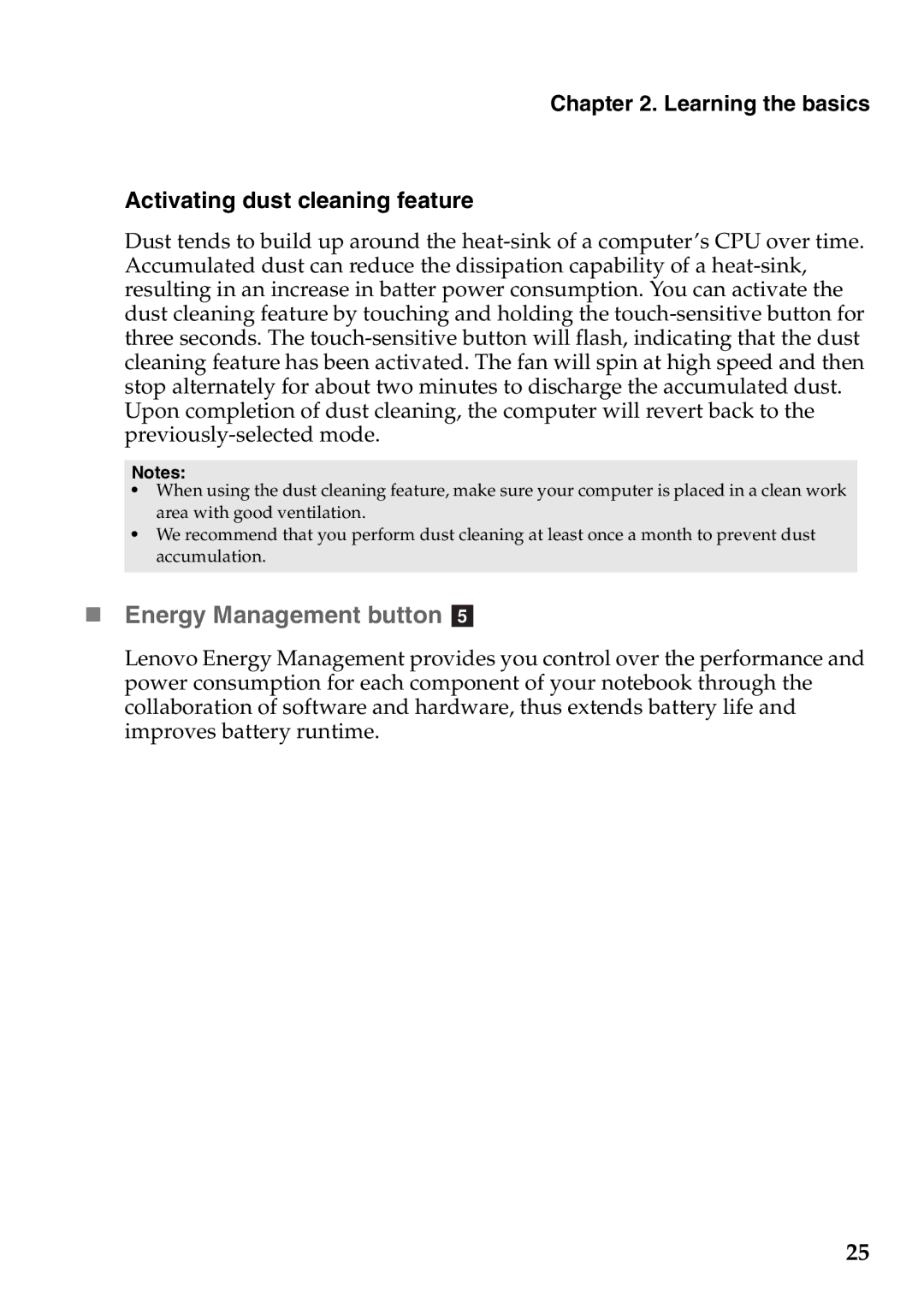 Lenovo Z560, Z565, Z460, Z465 manual „ Energy Management button e, Activating dust cleaning feature 