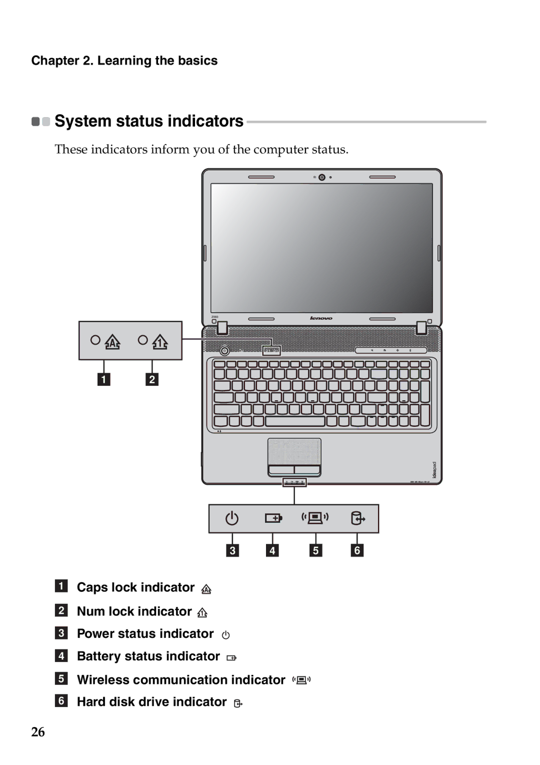 Lenovo Z460, Z565, Z560, Z465 manual System status indicators 