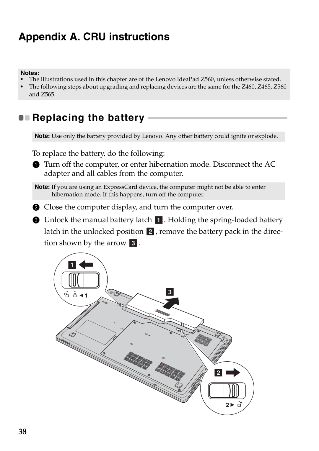 Lenovo Z460, Z565, Z560, Z465 manual Appendix A. CRU instructions, Replacing the battery 