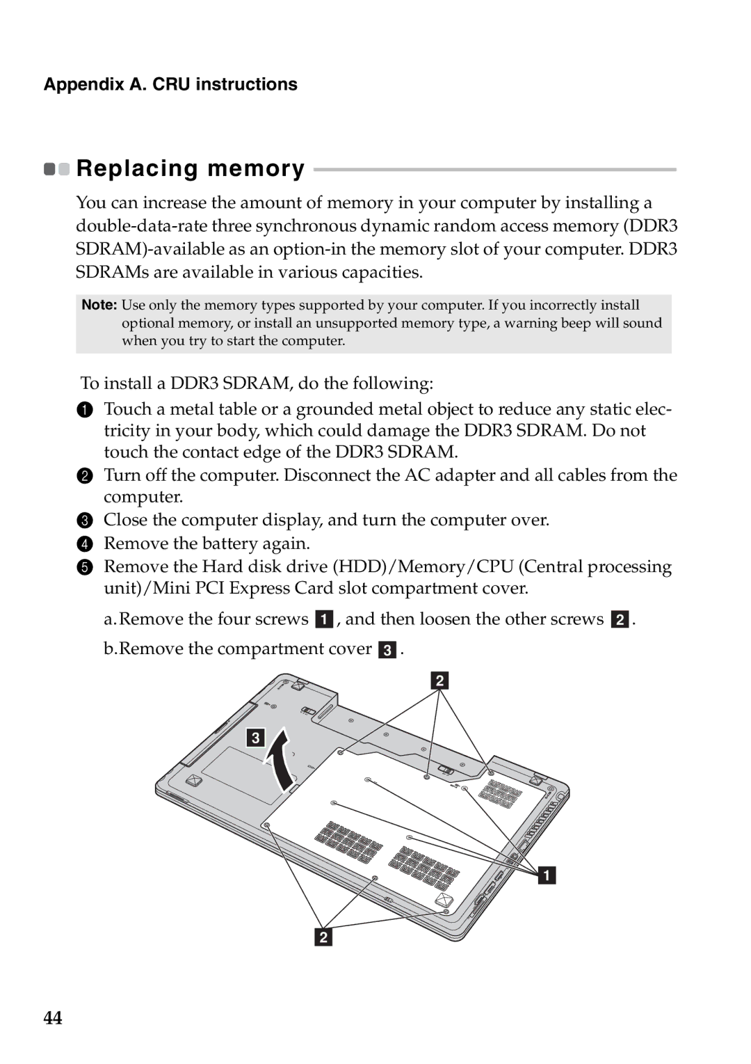 Lenovo Z565, Z560, Z460, Z465 manual Replacing memory 