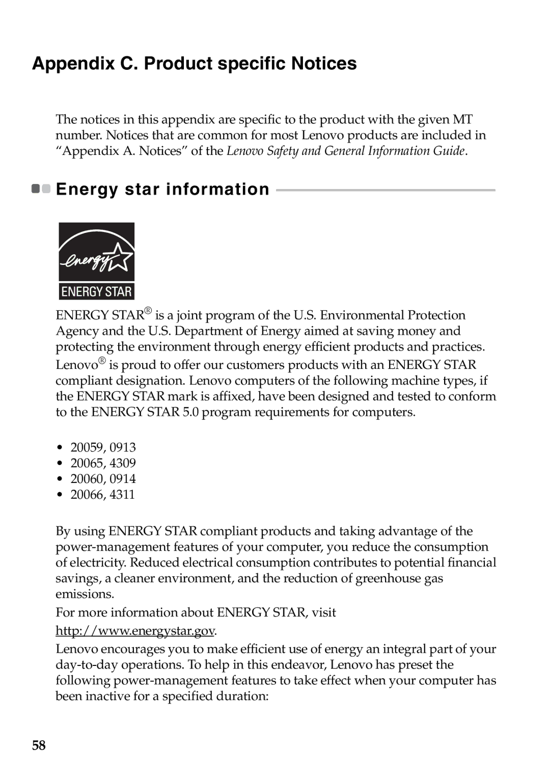 Lenovo Z460, Z565, Z560, Z465 manual Appendix C. Product specific Notices, Energy star information 