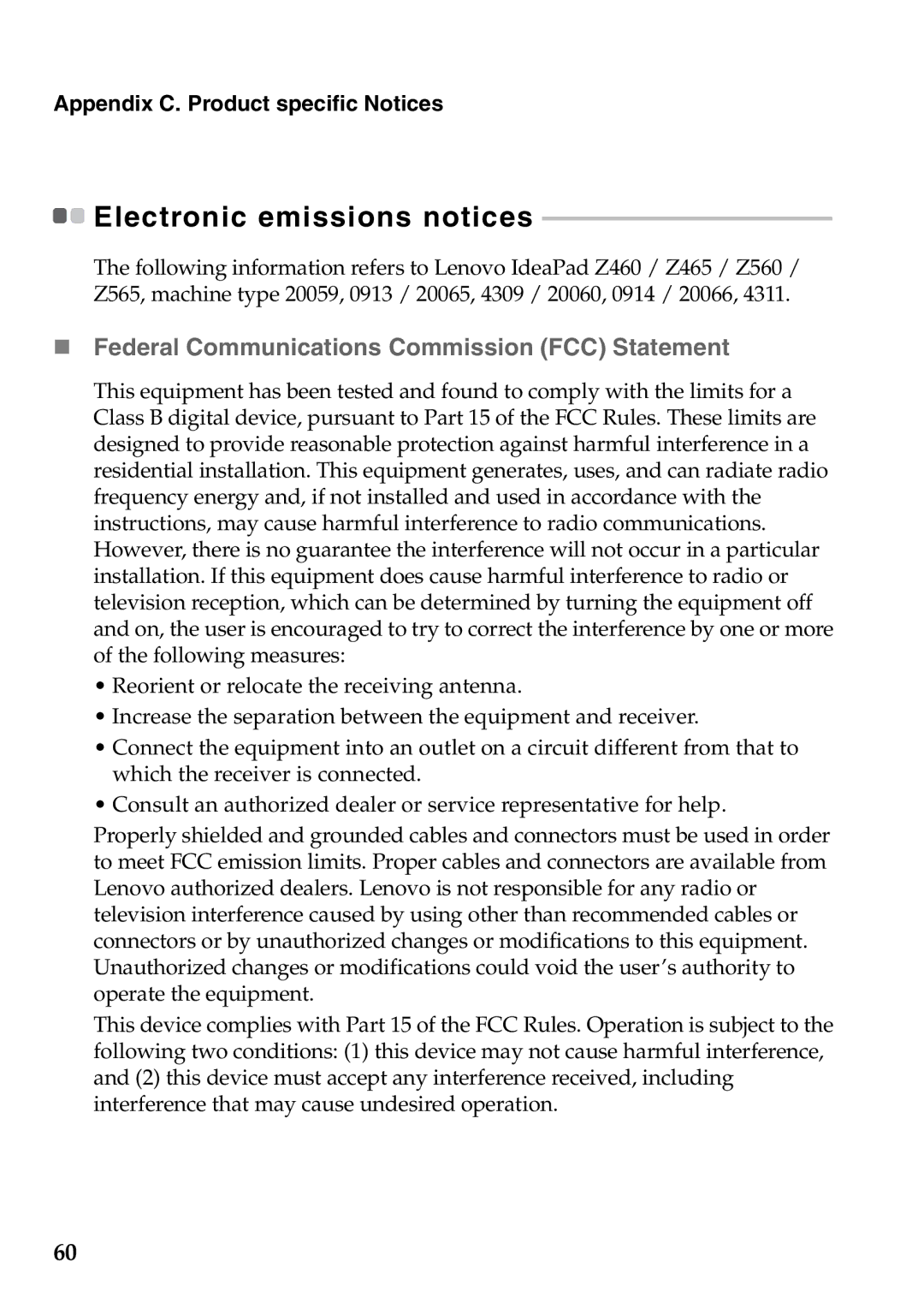 Lenovo Z565, Z560, Z460, Z465 manual Electronic emissions notices, „ Federal Communications Commission FCC Statement 