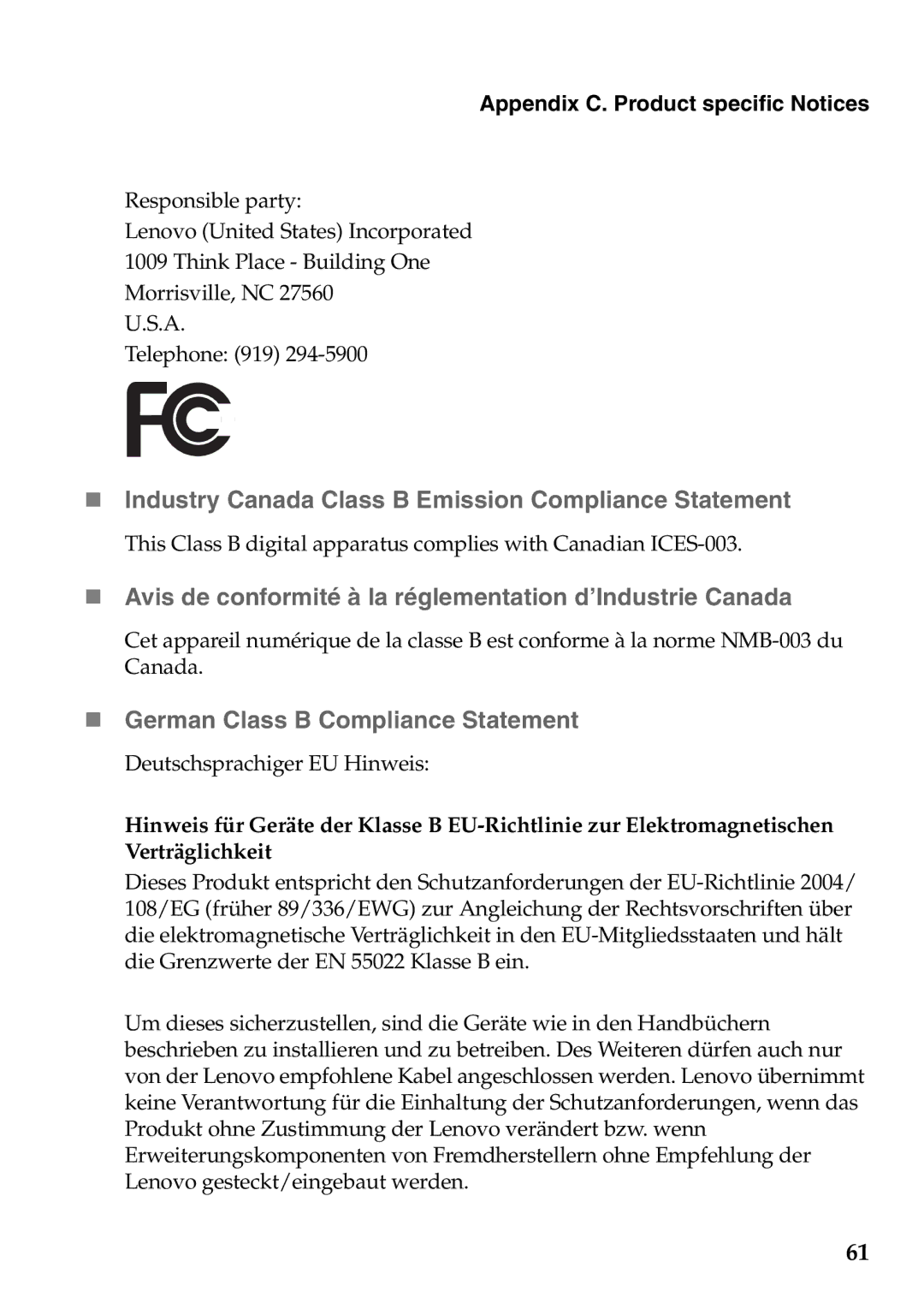 Lenovo Z560, Z565, Z460, Z465 „ Industry Canada Class B Emission Compliance Statement, „ German Class B Compliance Statement 