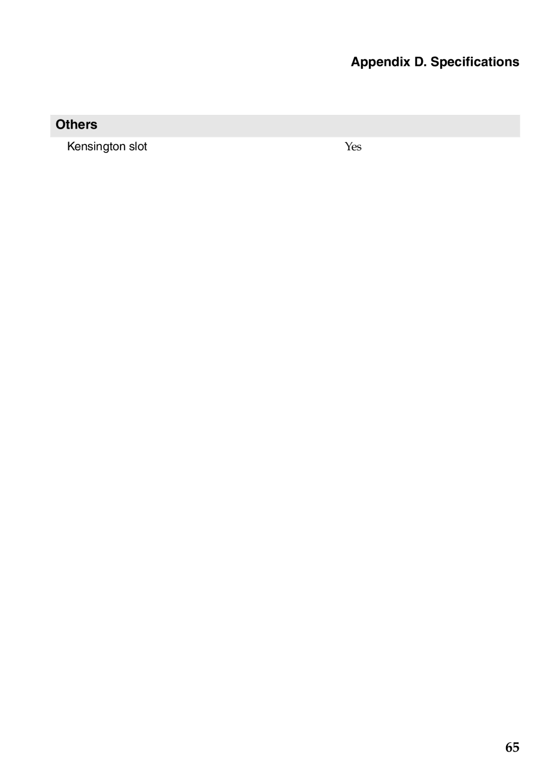 Lenovo Z560, Z565, Z460, Z465 manual Appendix D. Specifications Others 