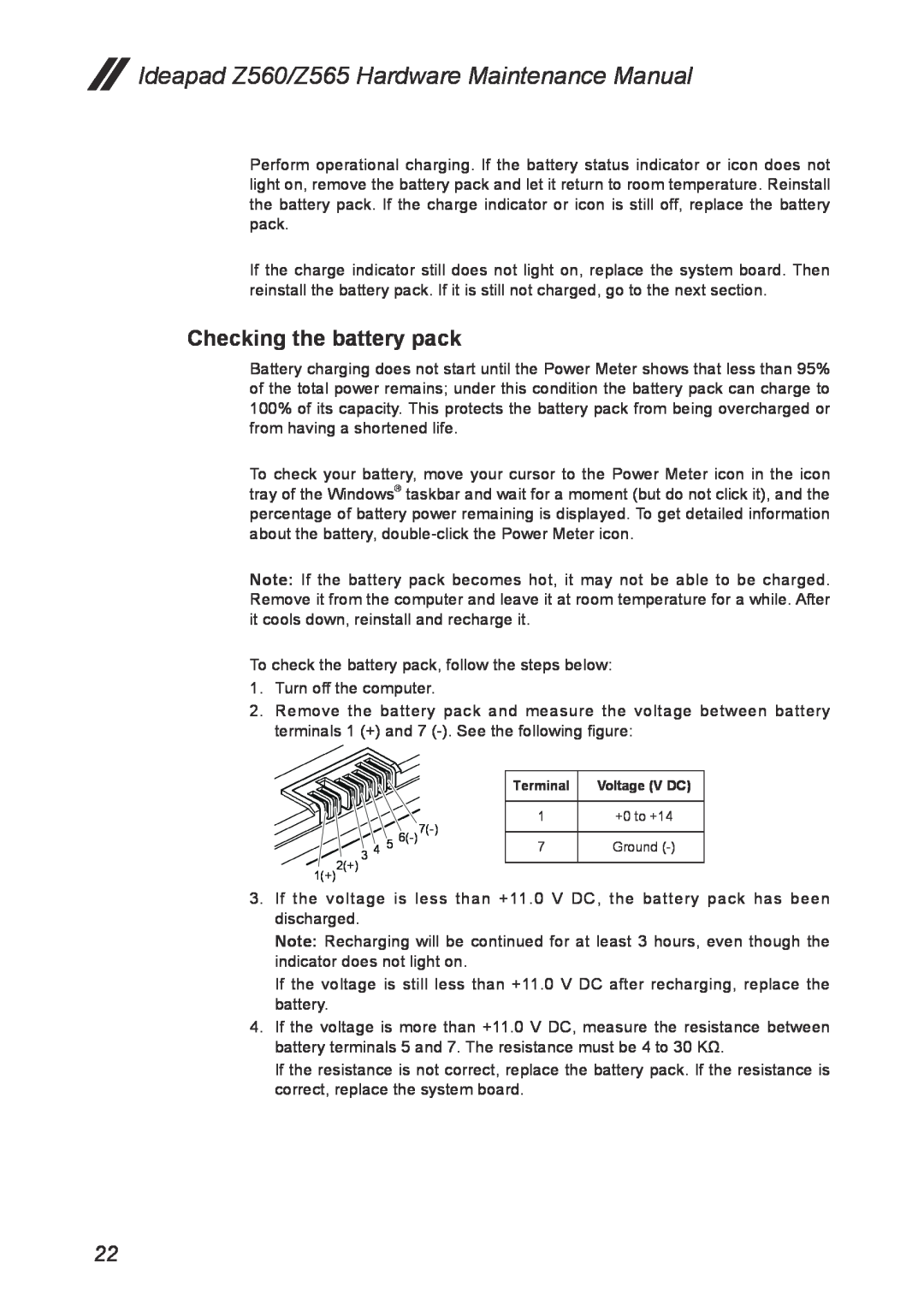 Lenovo manual Checking the battery pack, Ideapad Z560/Z565 Hardware Maintenance Manual 