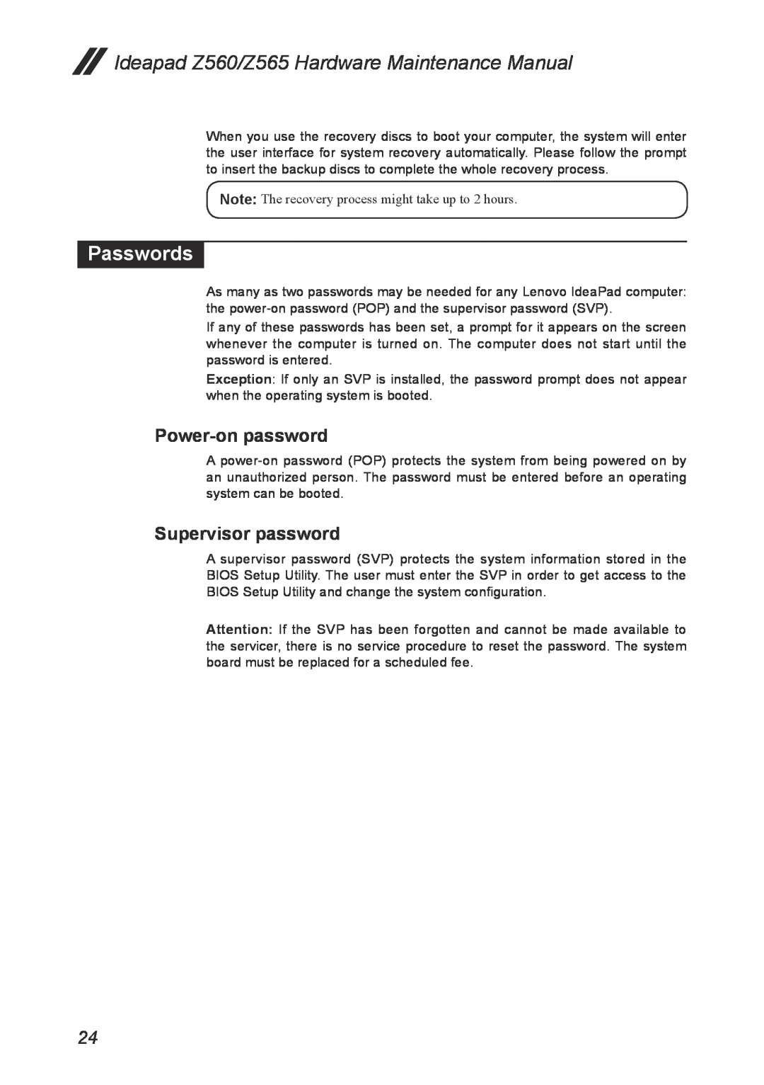 Lenovo manual Passwords, Power-on password, Supervisor password, Ideapad Z560/Z565 Hardware Maintenance Manual 