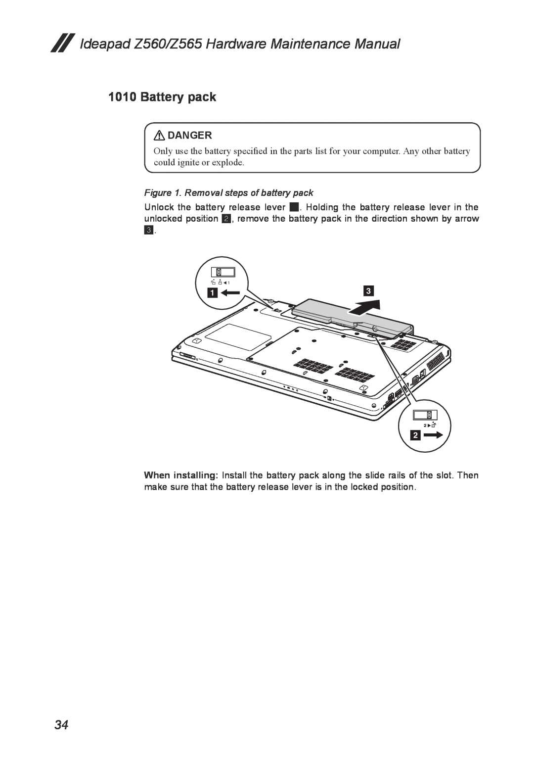 Lenovo manual Battery pack, Removal steps of battery pack, Ideapad Z560/Z565 Hardware Maintenance Manual, Danger 
