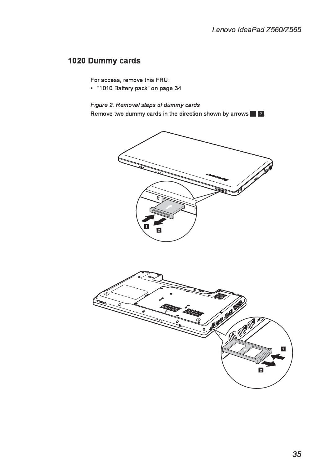 Lenovo manual Dummy cards, Removal steps of dummy cards, Lenovo IdeaPad Z560/Z565 