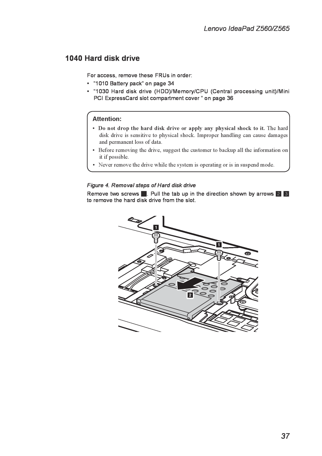 Lenovo manual Removal steps of Hard disk drive, Lenovo IdeaPad Z560/Z565 
