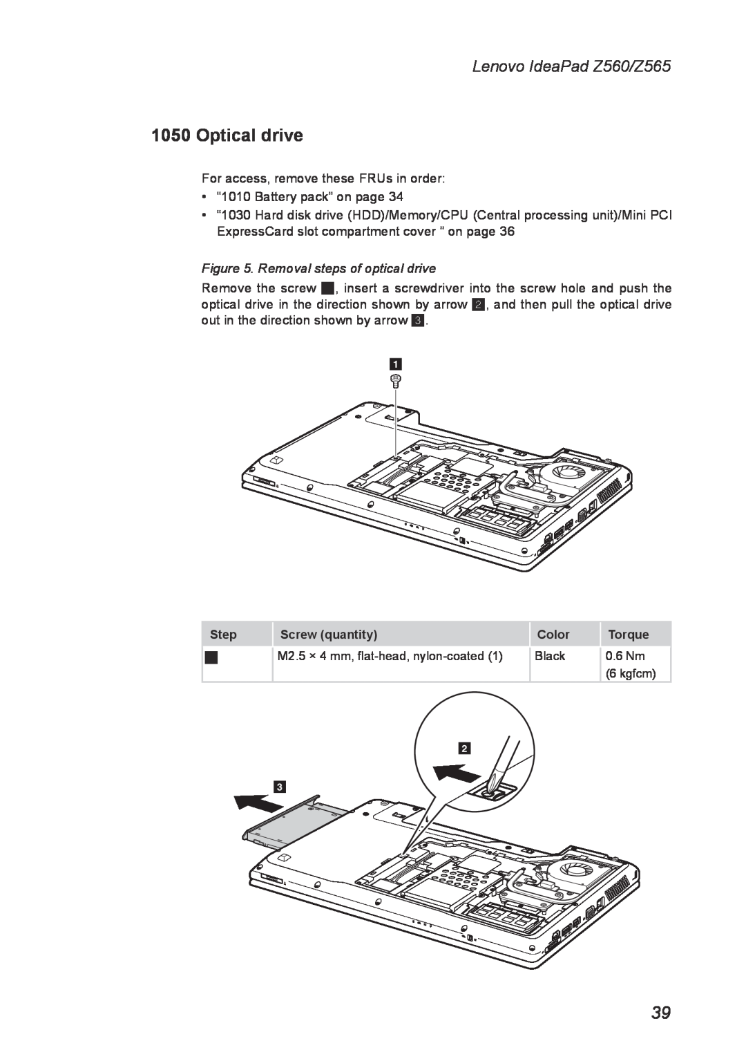 Lenovo manual Optical drive, Removal steps of optical drive, Lenovo IdeaPad Z560/Z565 