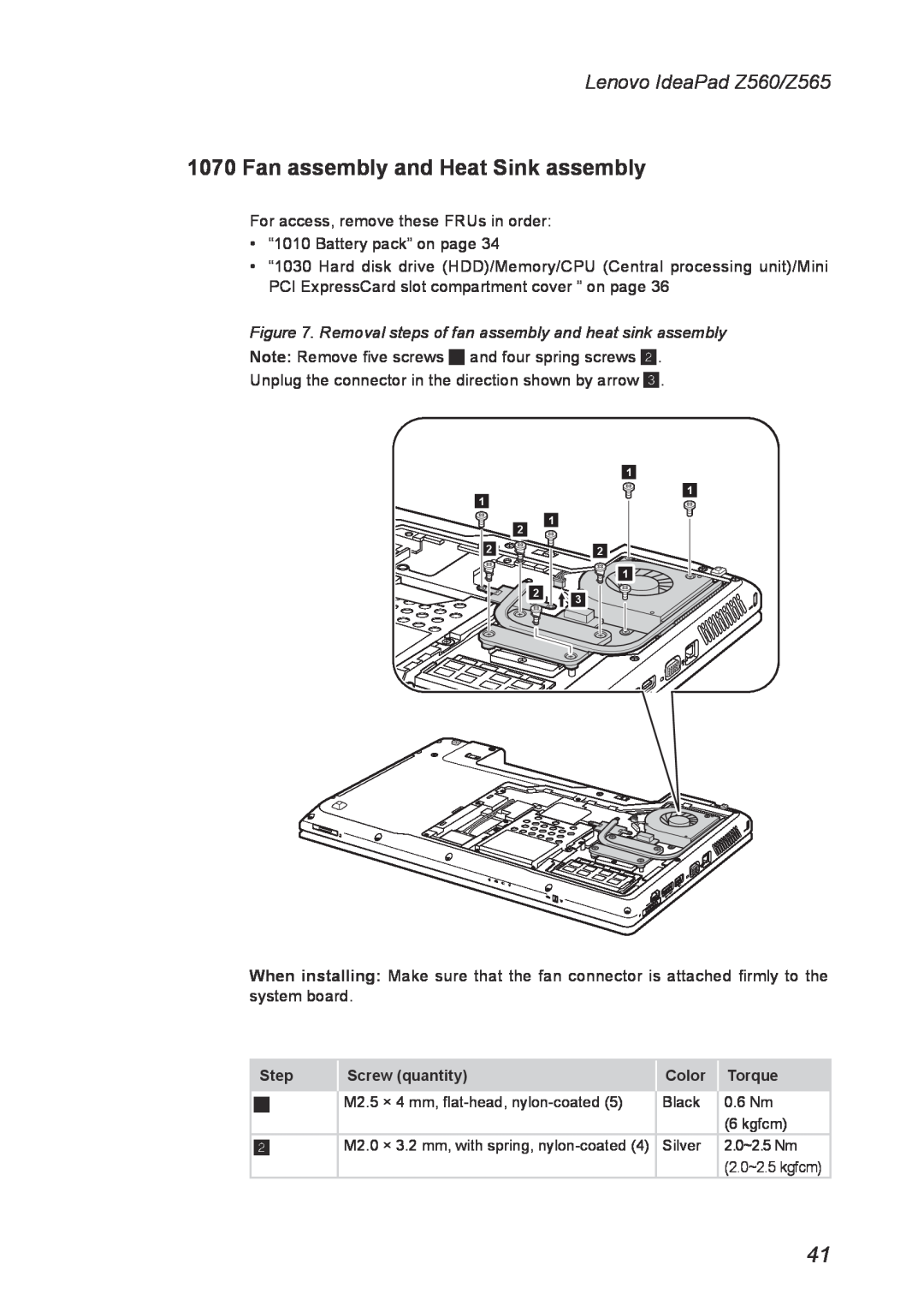 Lenovo Z560, Z565 manual Fan assembly and Heat Sink assembly, Removal steps of fan assembly and heat sink assembly 