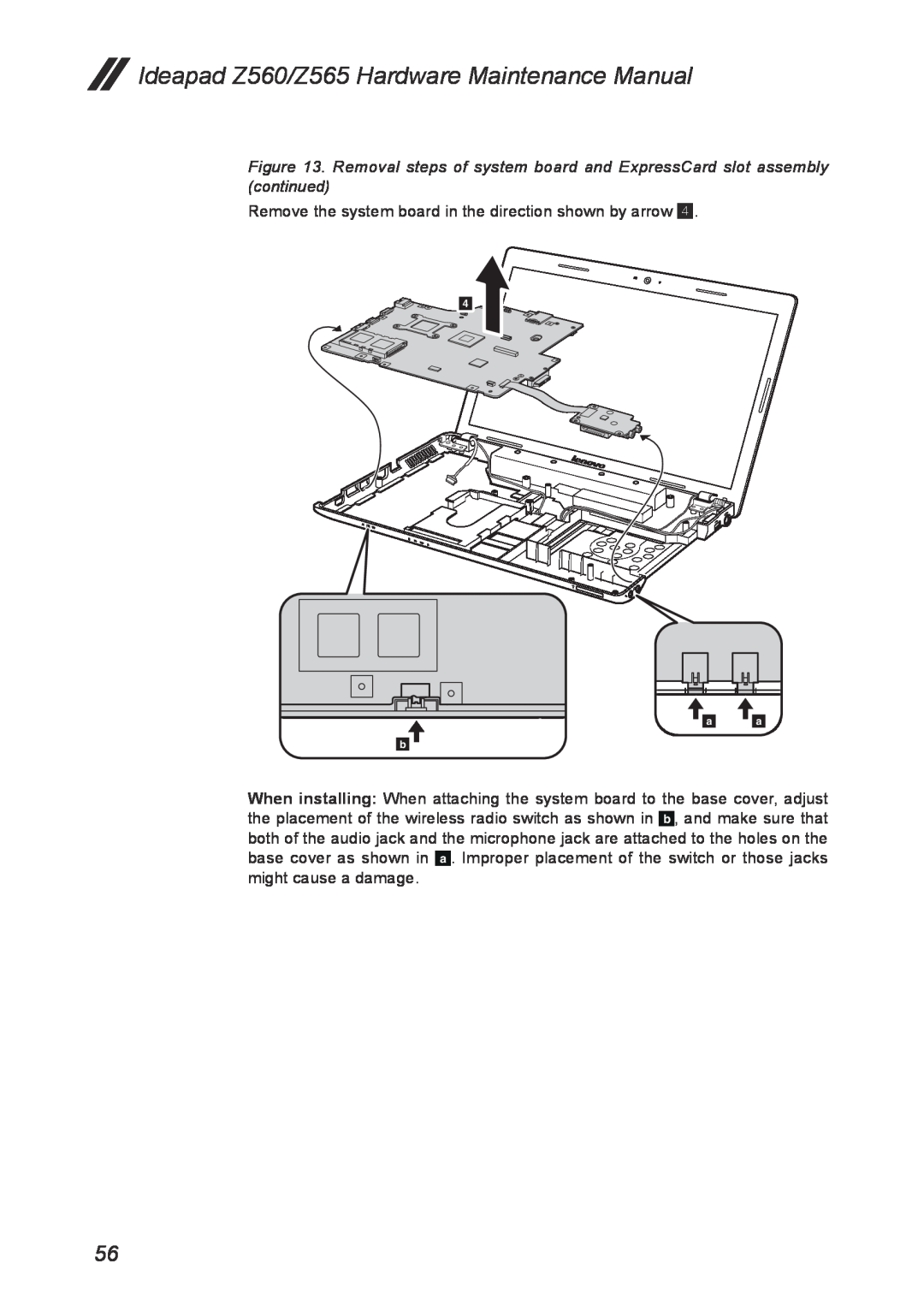 Lenovo manual Ideapad Z560/Z565 Hardware Maintenance Manual, Remove the system board in the direction shown by arrow 