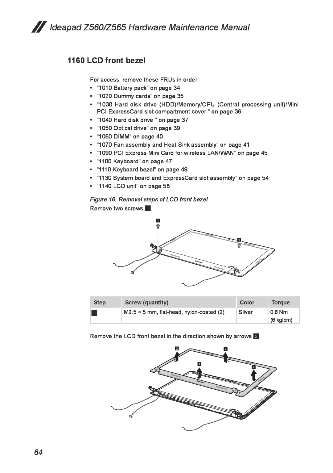 Lenovo manual Removal steps of LCD front bezel, Ideapad Z560/Z565 Hardware Maintenance Manual 