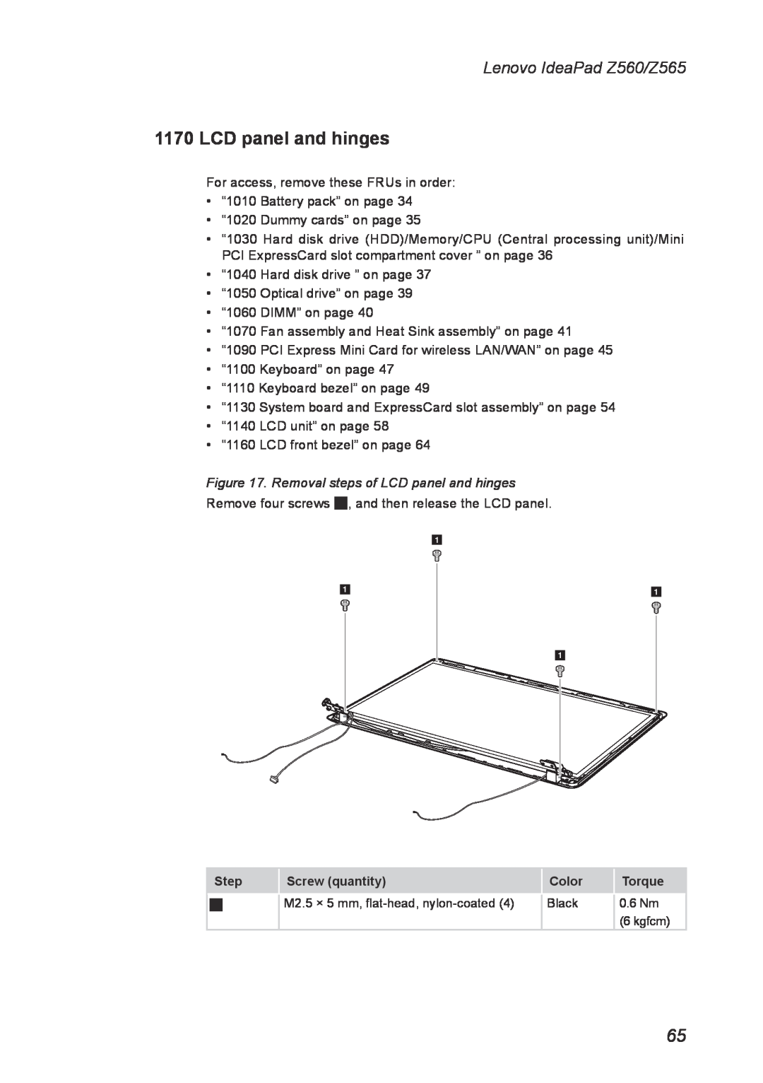 Lenovo manual Removal steps of LCD panel and hinges, Lenovo IdeaPad Z560/Z565 