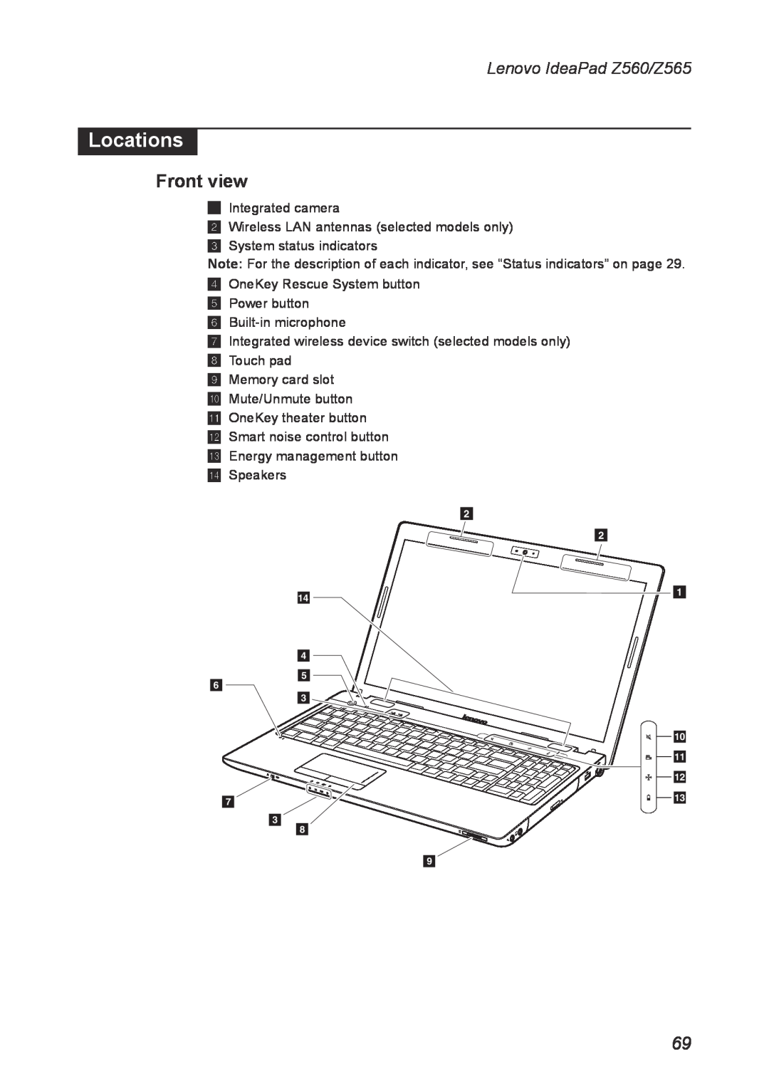 Lenovo manual Locations, Front view, Lenovo IdeaPad Z560/Z565 