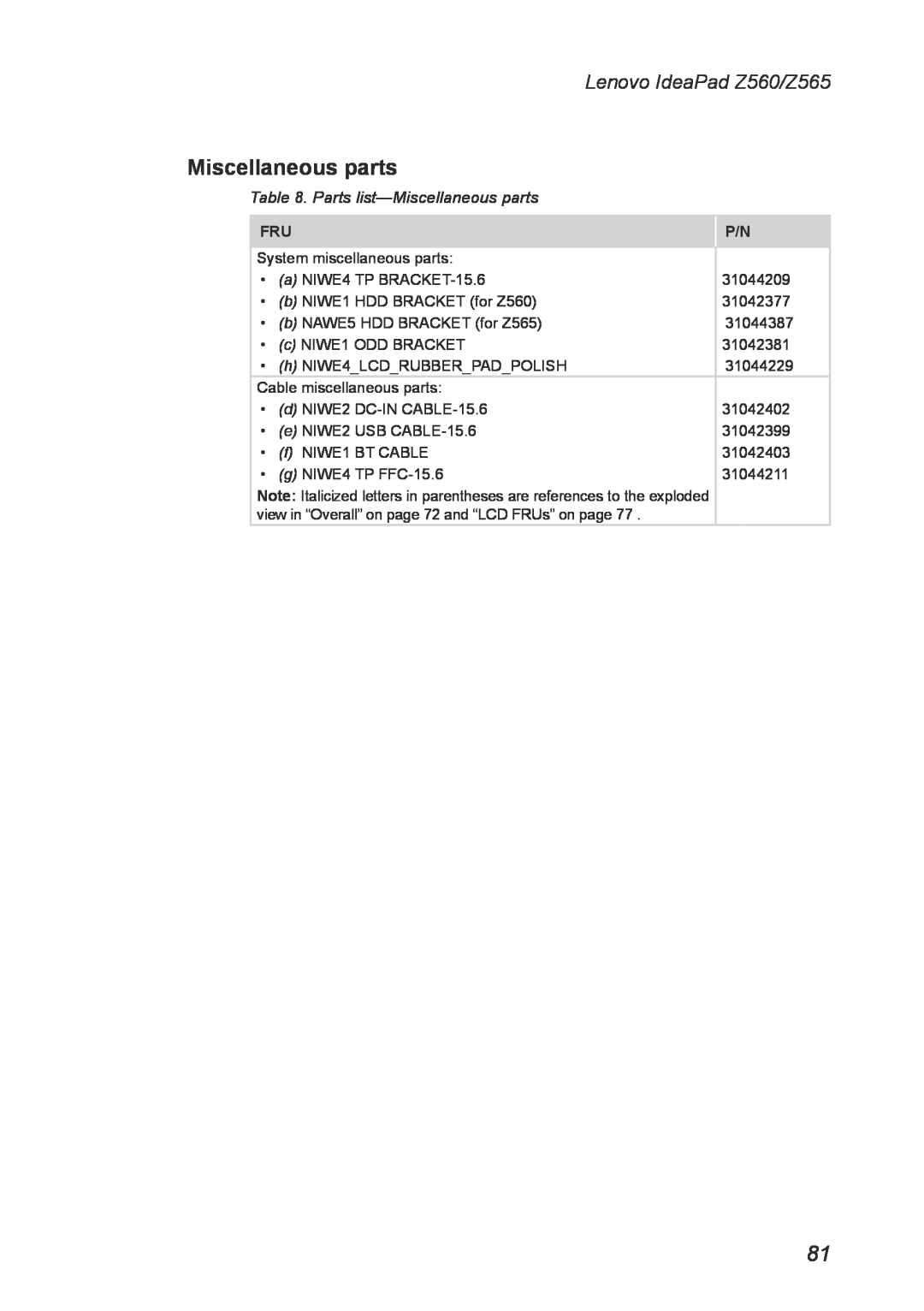 Lenovo manual Parts list-Miscellaneous parts, Lenovo IdeaPad Z560/Z565 