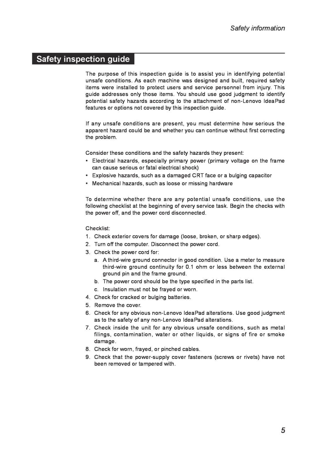 Lenovo Z560, Z565 manual Safety inspection guide, Safety information 