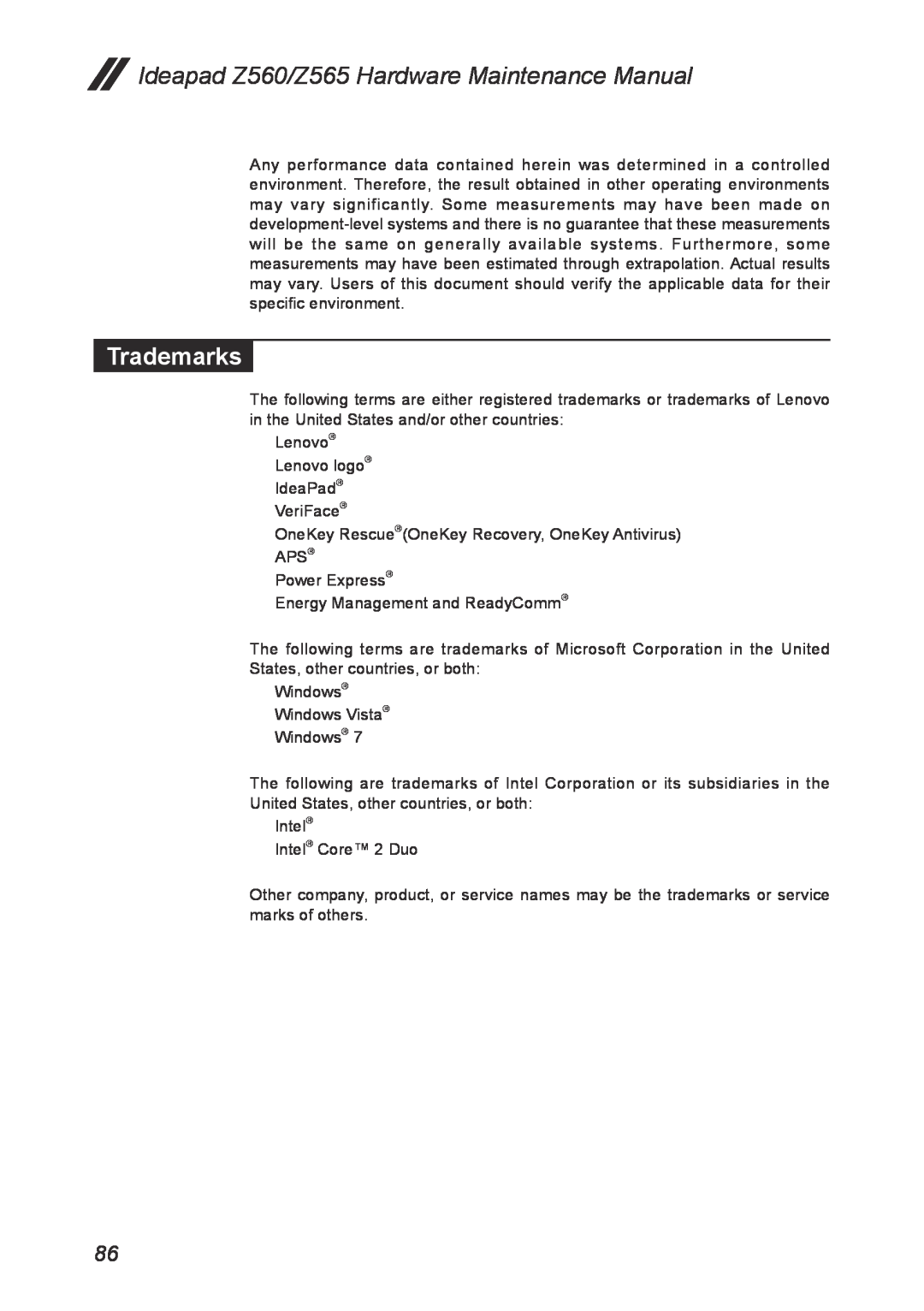 Lenovo manual Trademarks, Ideapad Z560/Z565 Hardware Maintenance Manual 