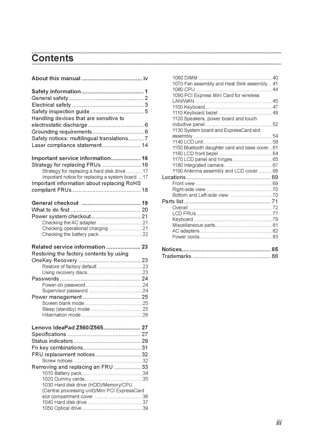 Lenovo Z560, Z565 manual Contents 