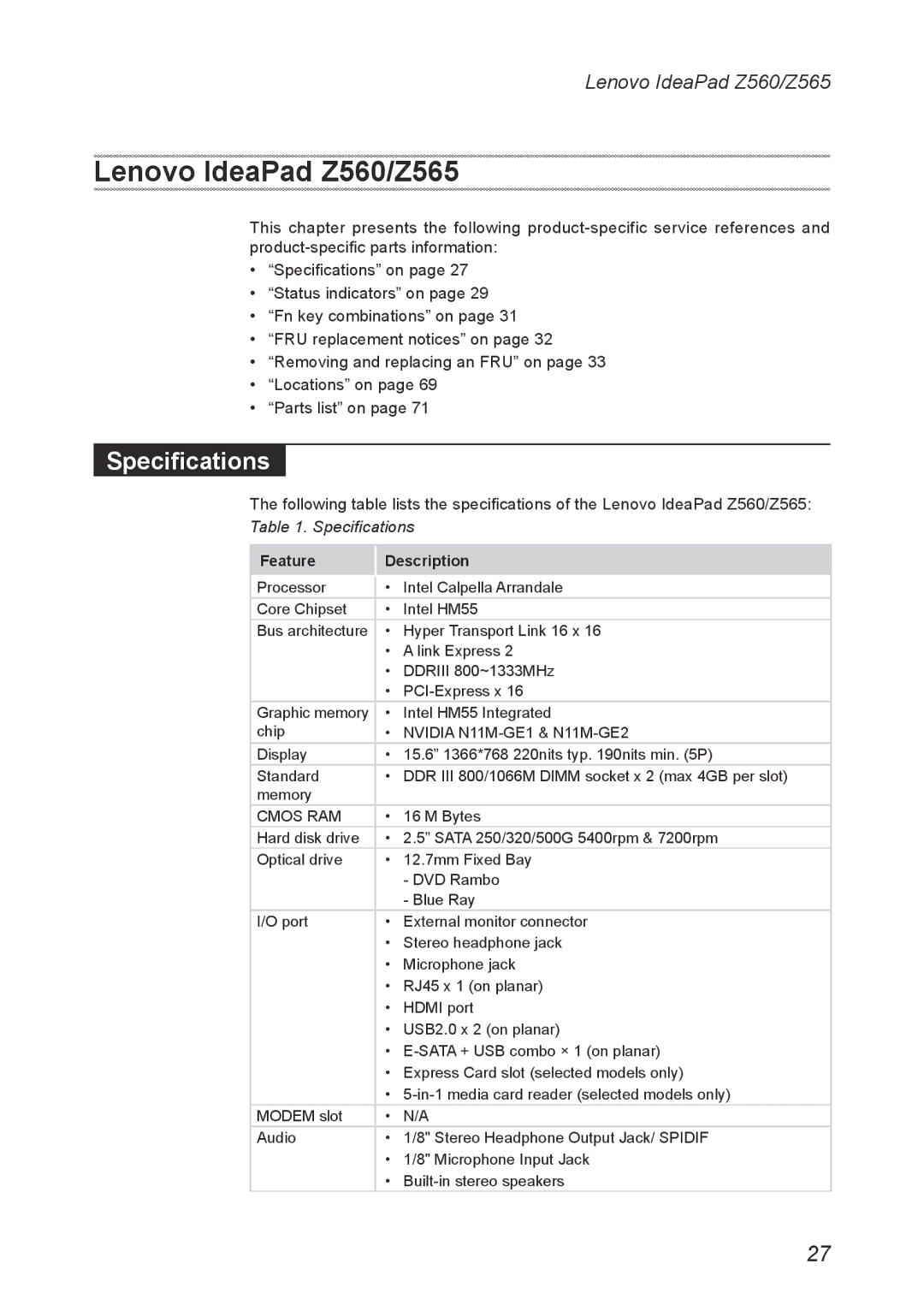 Lenovo manual Lenovo IdeaPad Z560/Z565, Specifications 