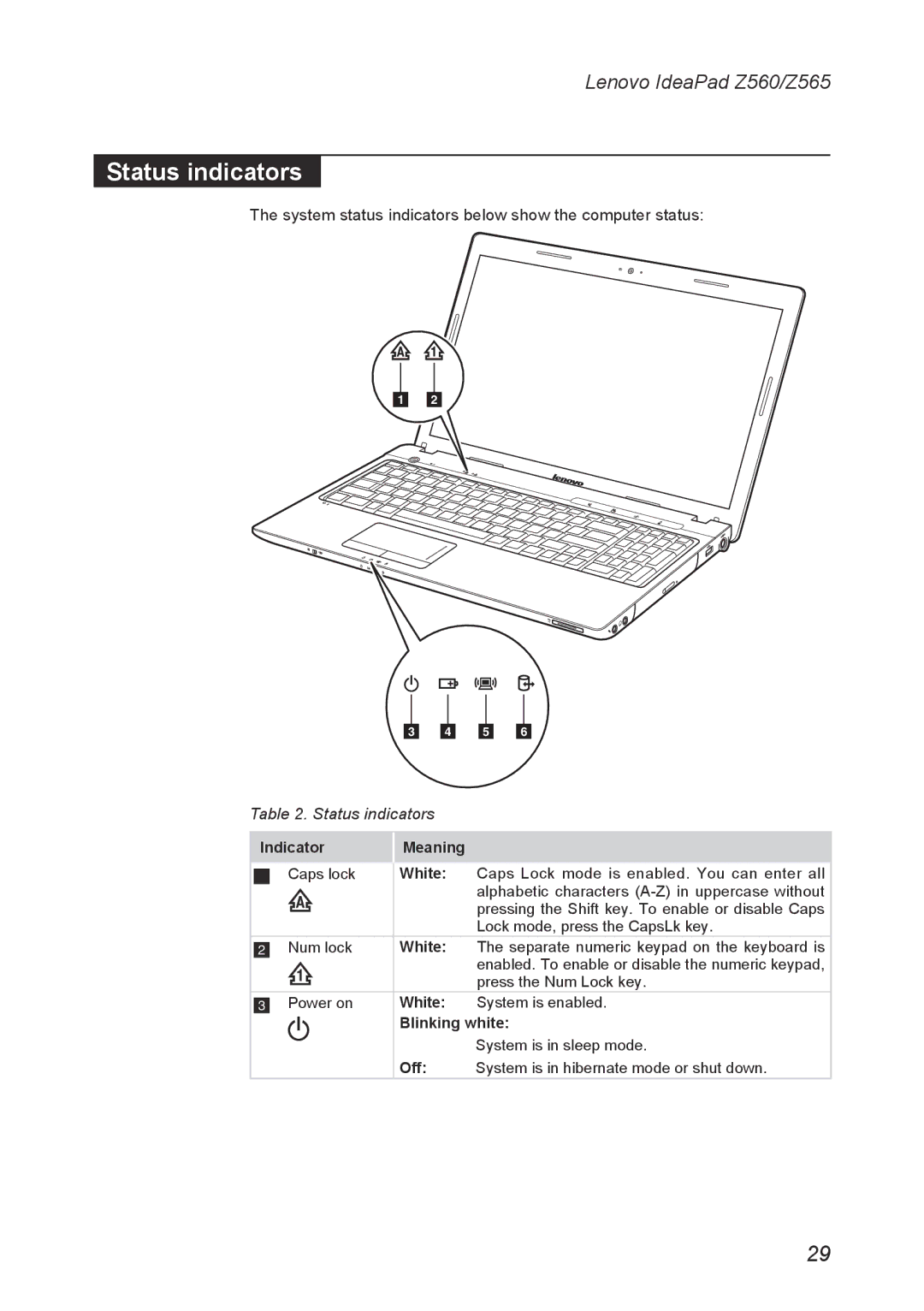 Lenovo Z560, Z565 manual Status indicators 