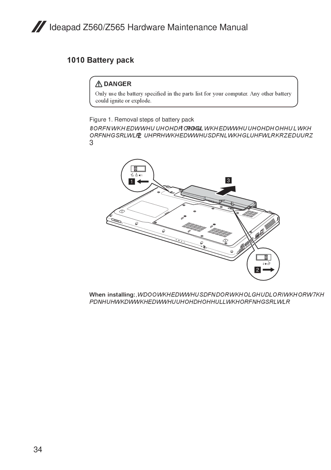 Lenovo Z565, Z560 manual Battery pack, Removal steps of battery pack 