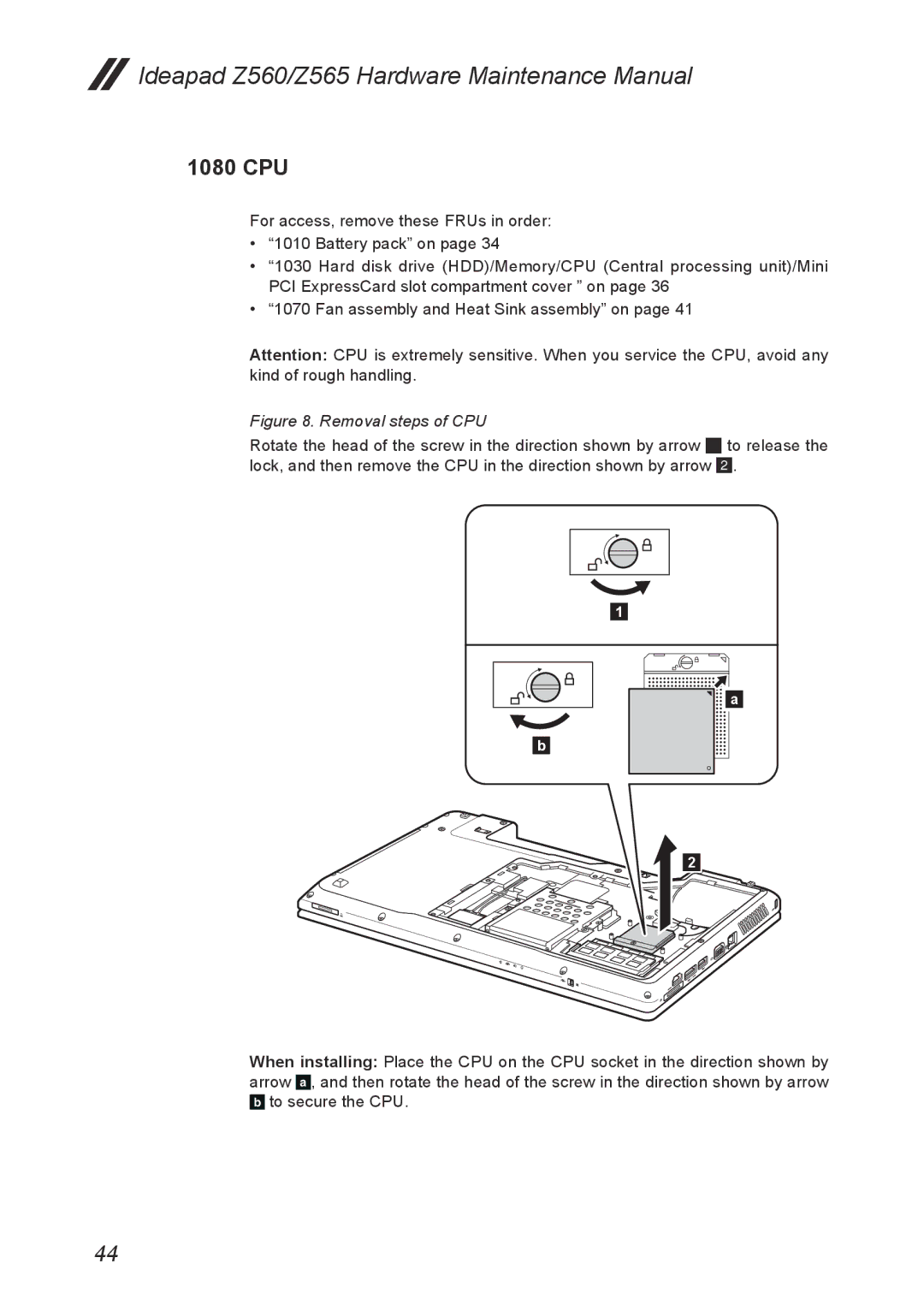 Lenovo Z565, Z560 manual 1080 CPU, Removal steps of CPU 