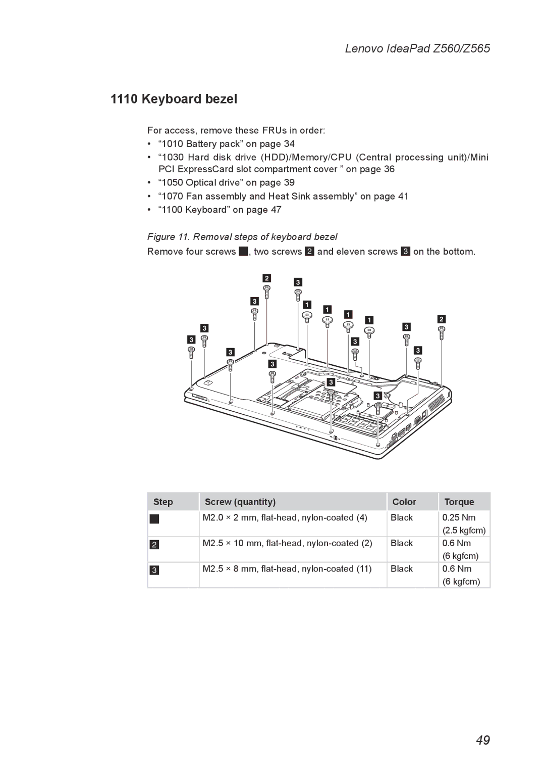 Lenovo Z560, Z565 manual Keyboard bezel, Removal steps of keyboard bezel 