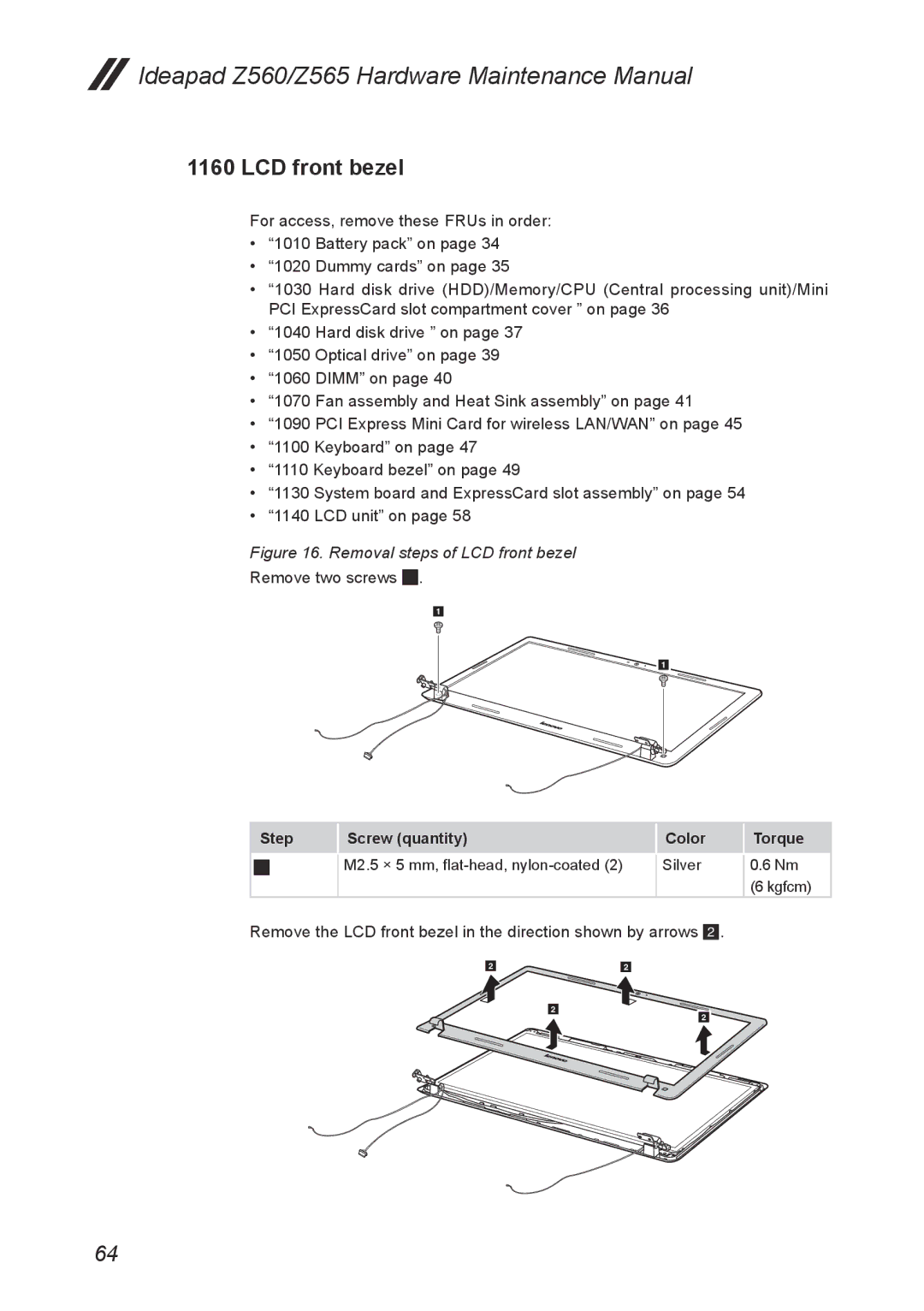 Lenovo Z565, Z560 manual Removal steps of LCD front bezel 