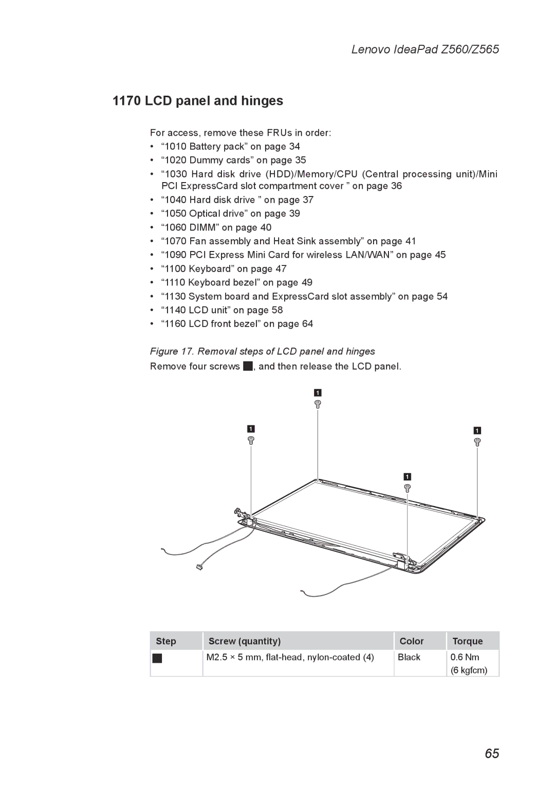 Lenovo Z560, Z565 manual Removal steps of LCD panel and hinges 