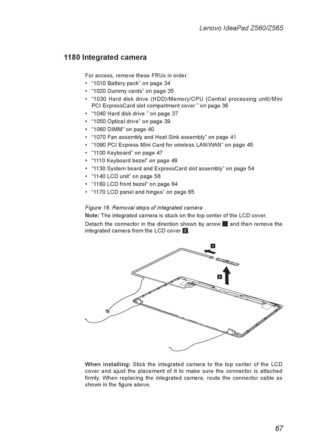 Lenovo Z560, Z565 manual Integrated camera, Removal steps of integrated camera 