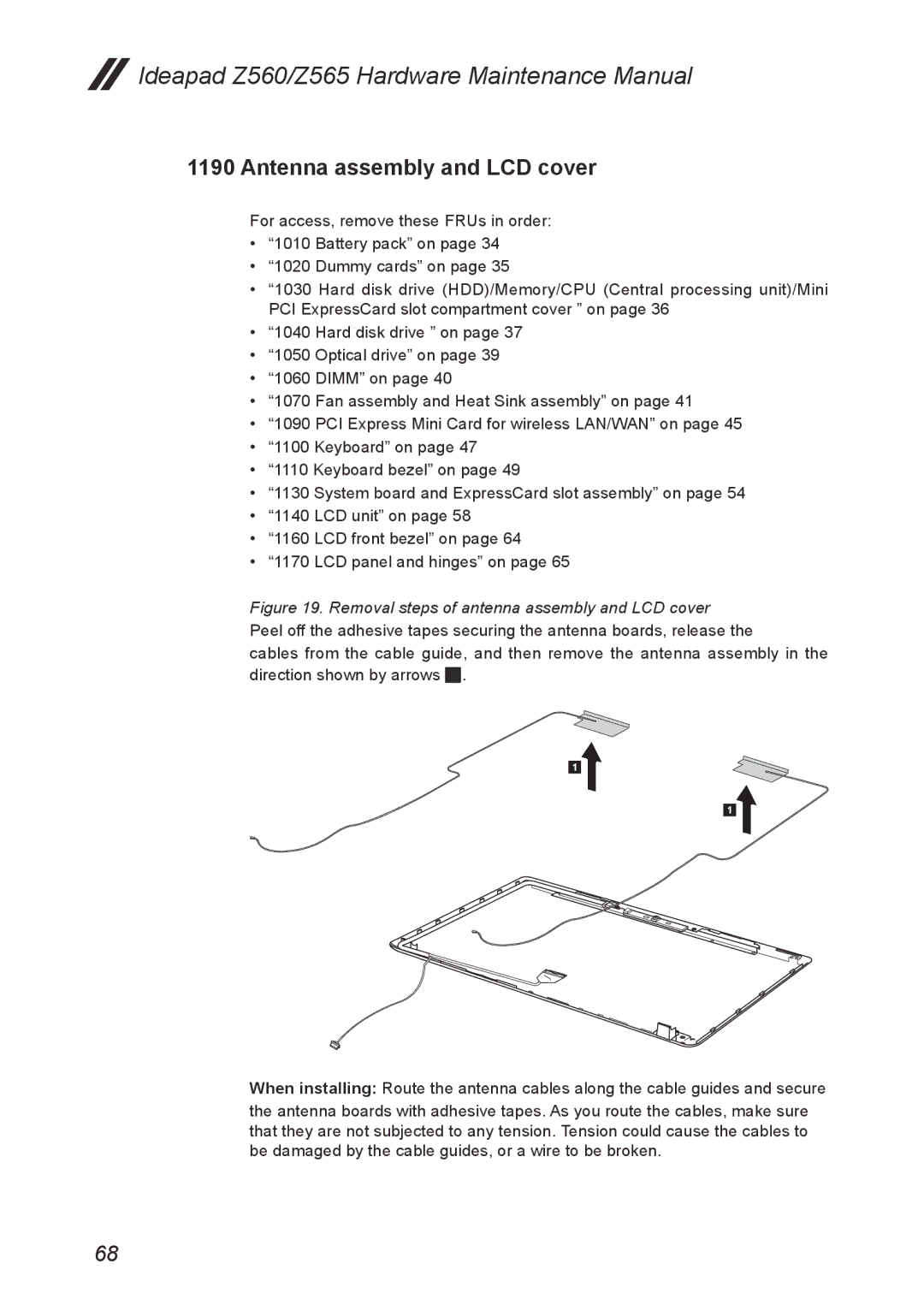 Lenovo Z565, Z560 manual Antenna assembly and LCD cover, Removal steps of antenna assembly and LCD cover 