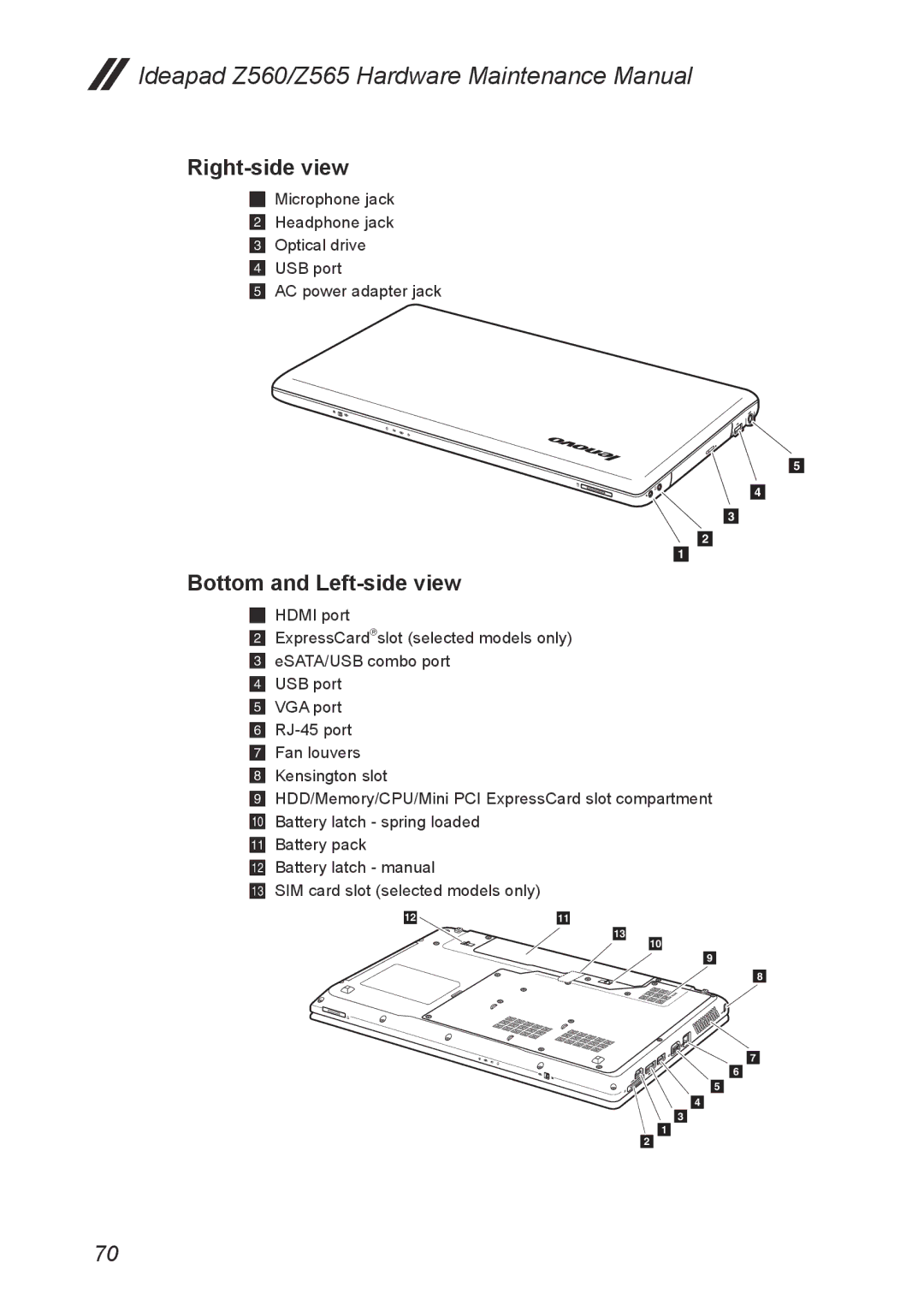 Lenovo Z565, Z560 manual Right-side view, Bottom and Left-side view 