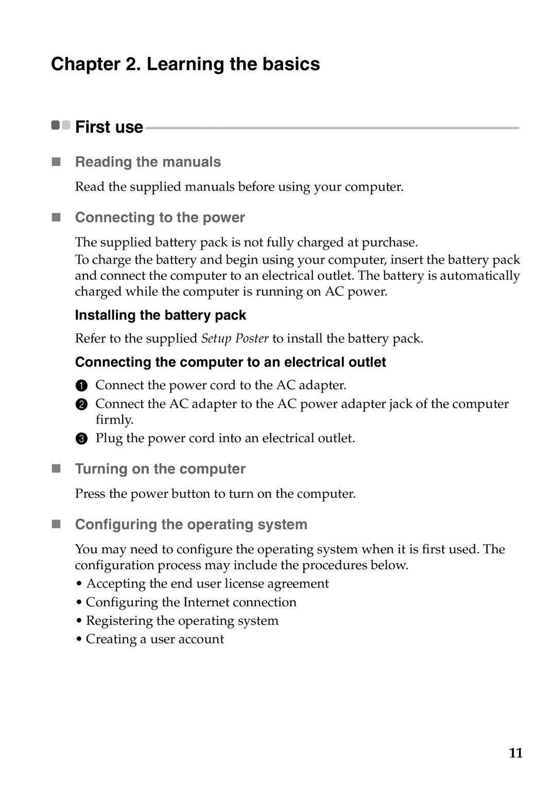 Lenovo Z475, Z575 Learning the basics, „ Reading the manuals, „ Connecting to the power, „ Turning on the computer 