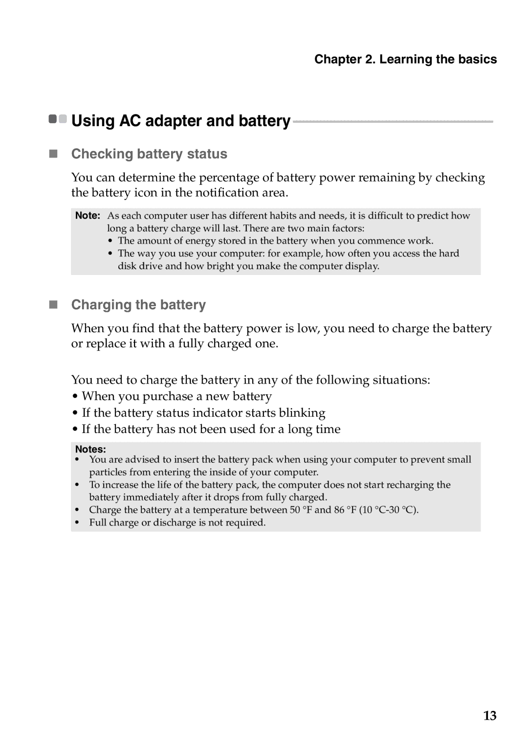 Lenovo Z475, Z575 manual „ Checking battery status, „ Charging the battery 