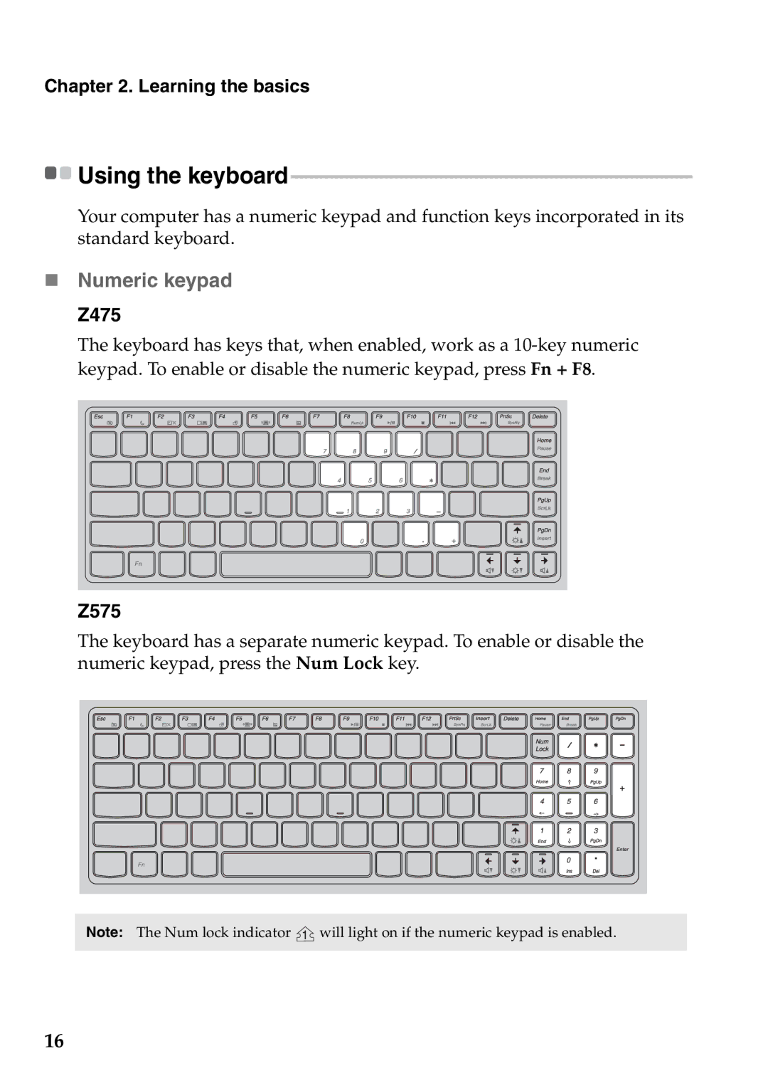 Lenovo Z575 manual „ Numeric keypad Z475, Using the keyboard 