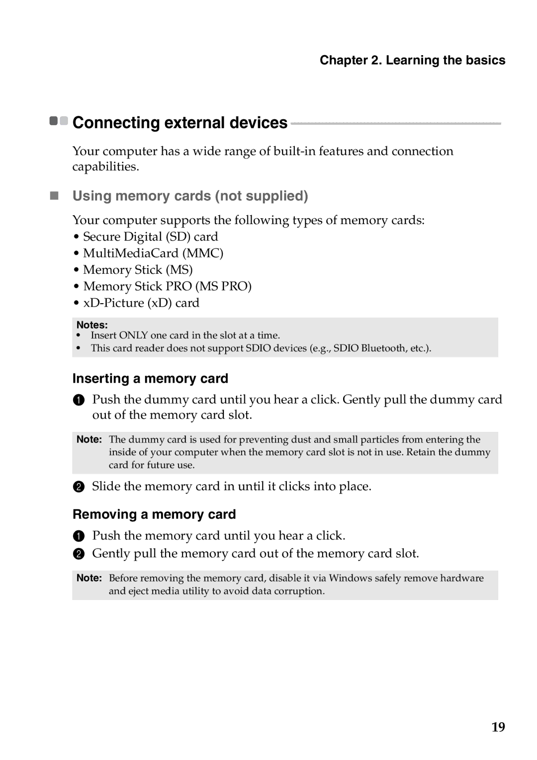 Lenovo Z475, Z575 manual Inserting a memory card, Removing a memory card, Connecting external devices 