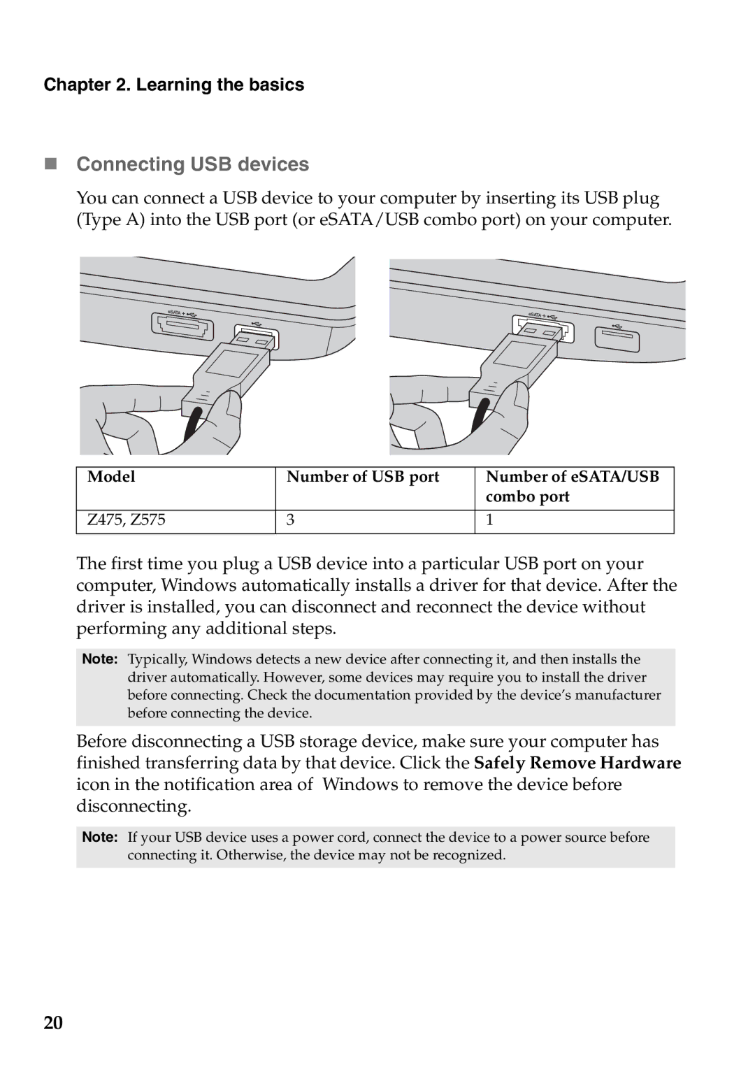 Lenovo Z575, Z475 manual „ Connecting USB devices 