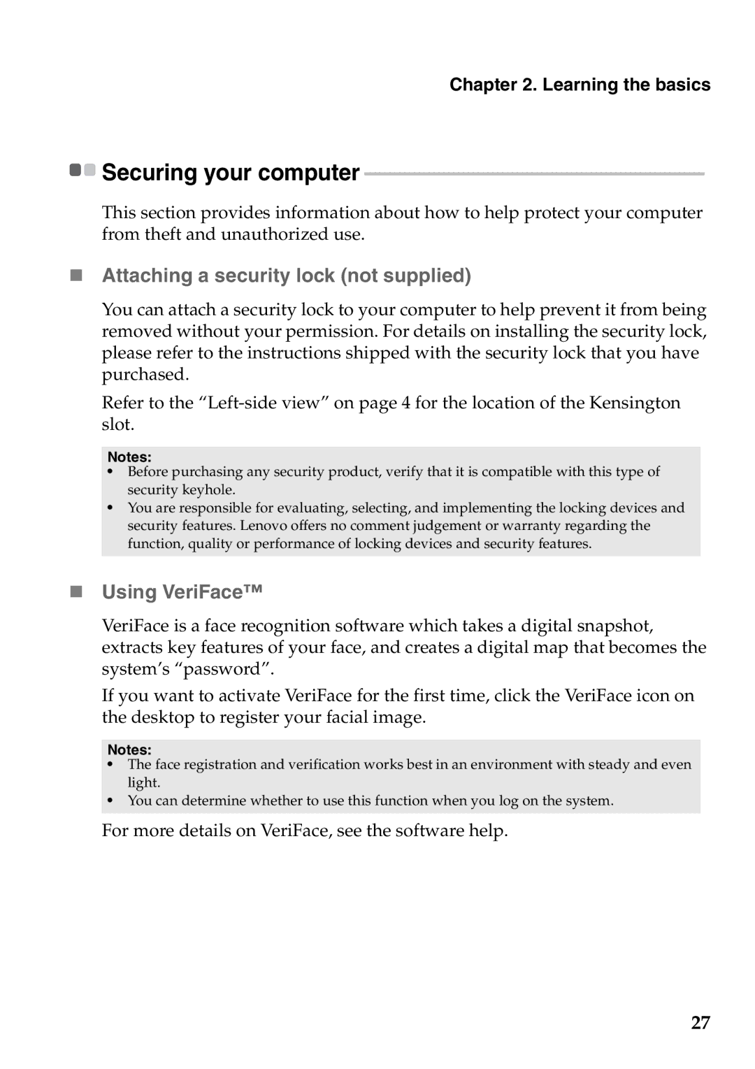 Lenovo Z475, Z575 manual „ Attaching a security lock not supplied, „ Using VeriFace, Securing your computer 