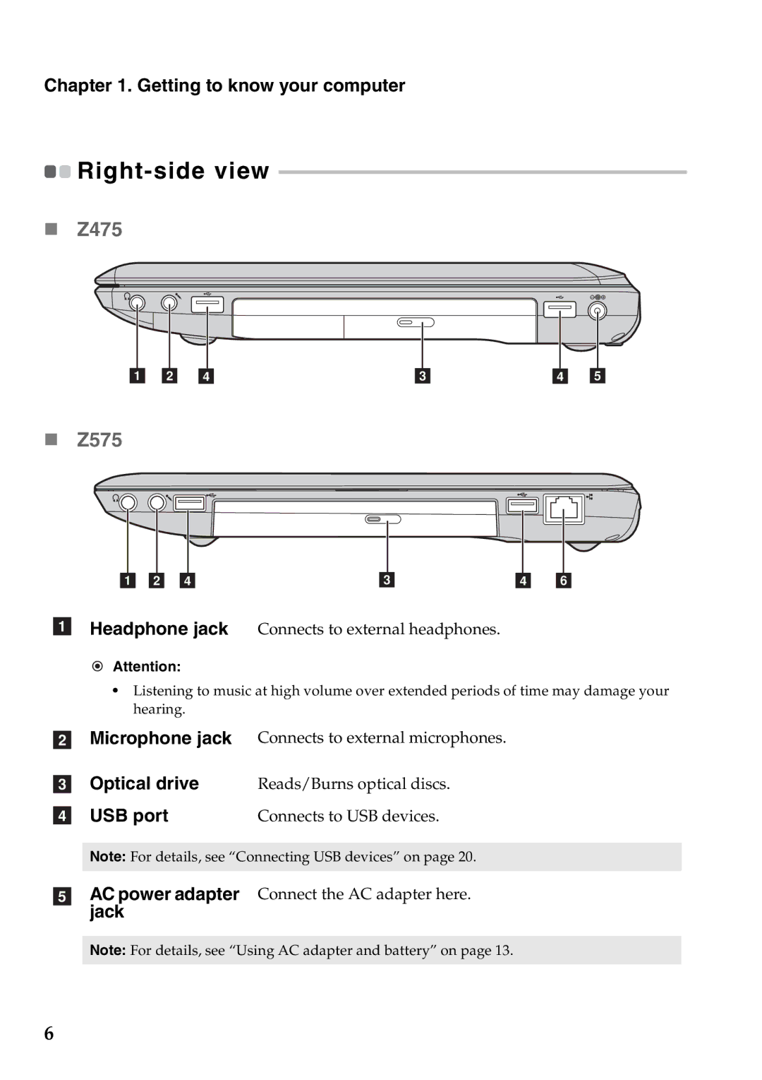 Lenovo manual „ Z475 „ Z575, Right-side view, Optical drive 