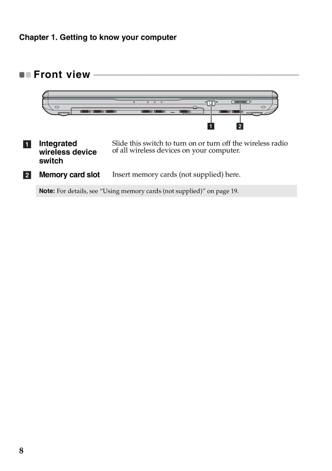 Lenovo Z575, Z475 manual Front view, Integrated wireless device switch Memory card slot 