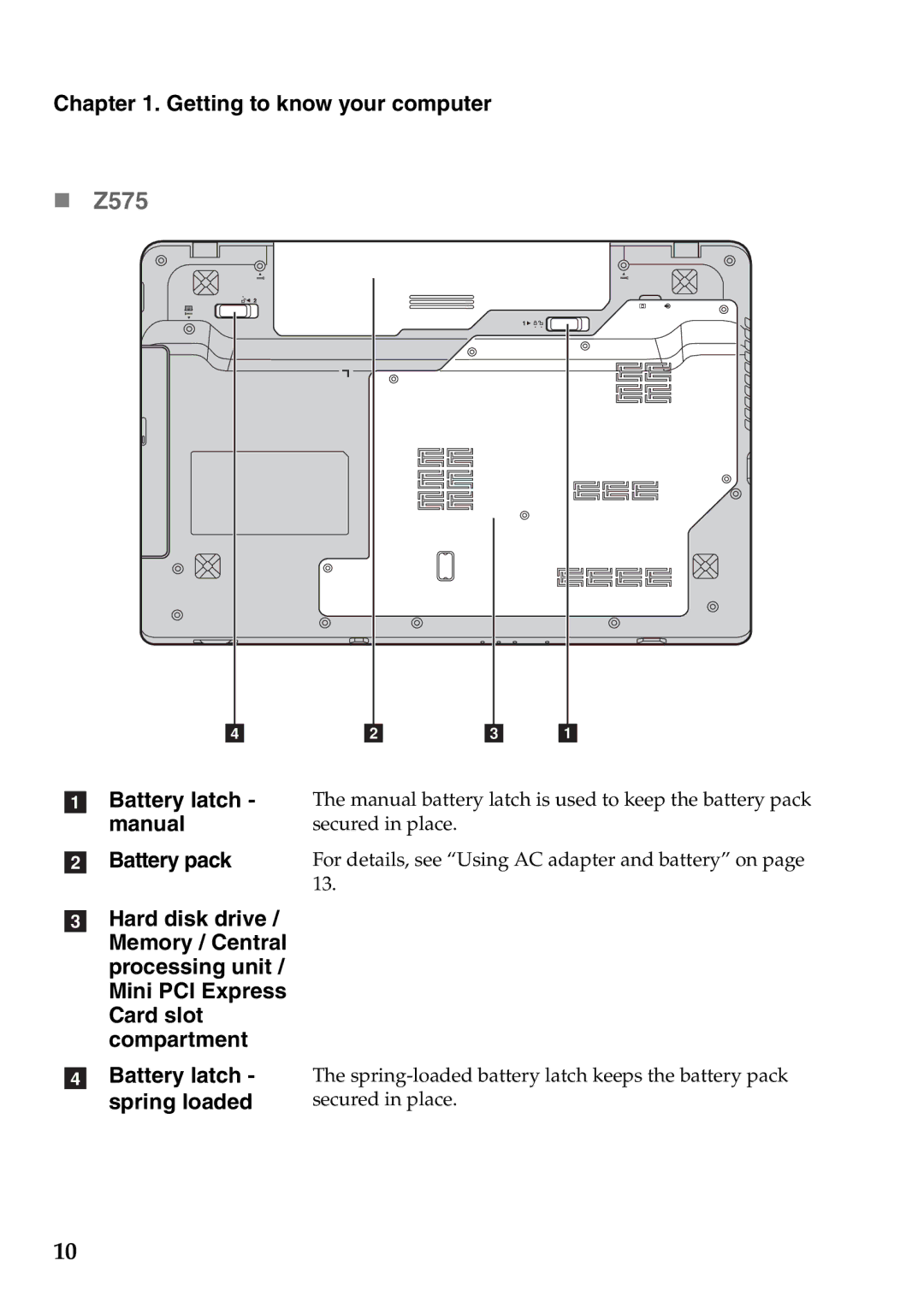 Lenovo Z475 manual „ Z575, Battery pack 