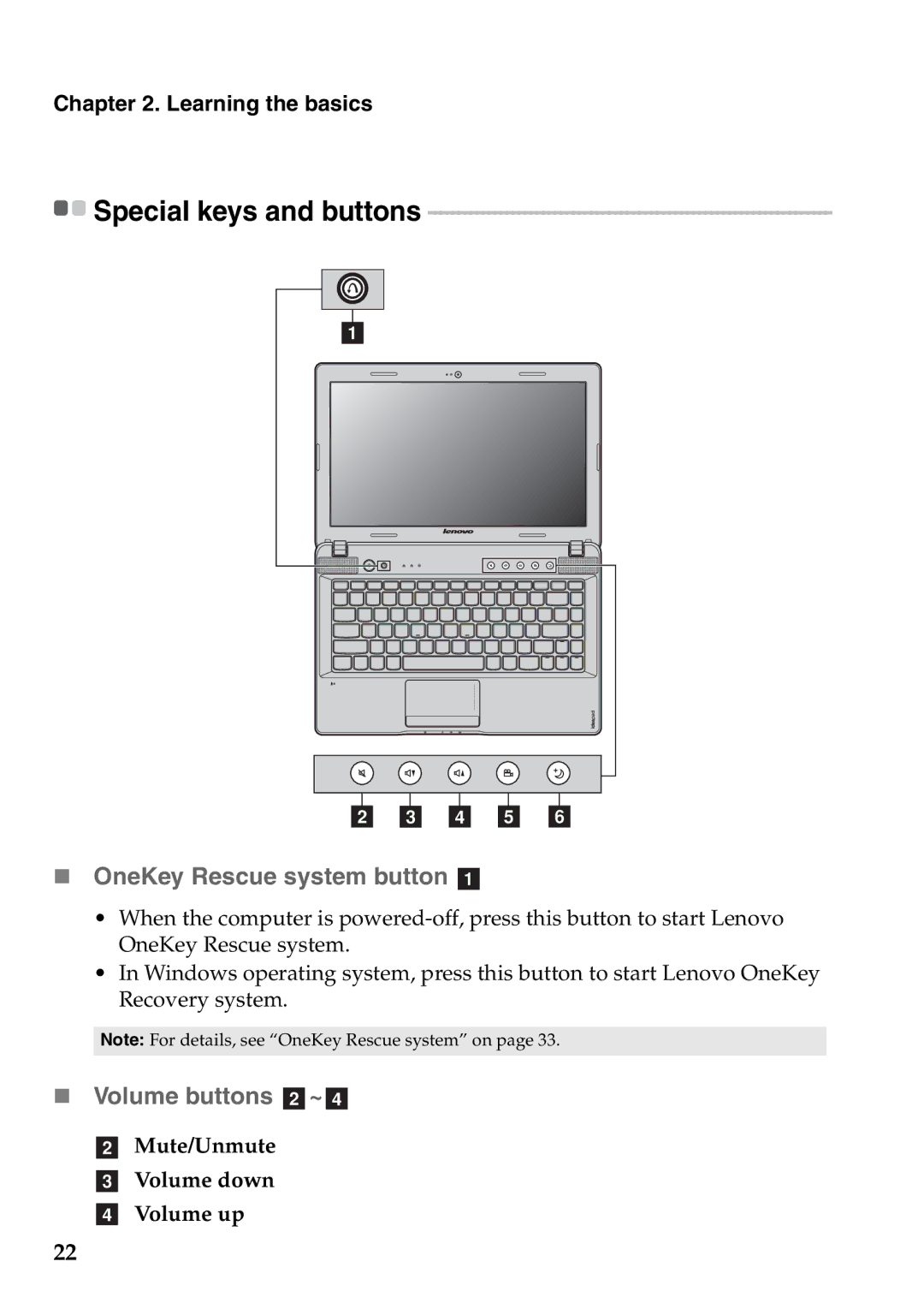 Lenovo Z575, Z475 manual „ OneKey Rescue system button a, „ Volume buttons b~d, Special keys and buttons 