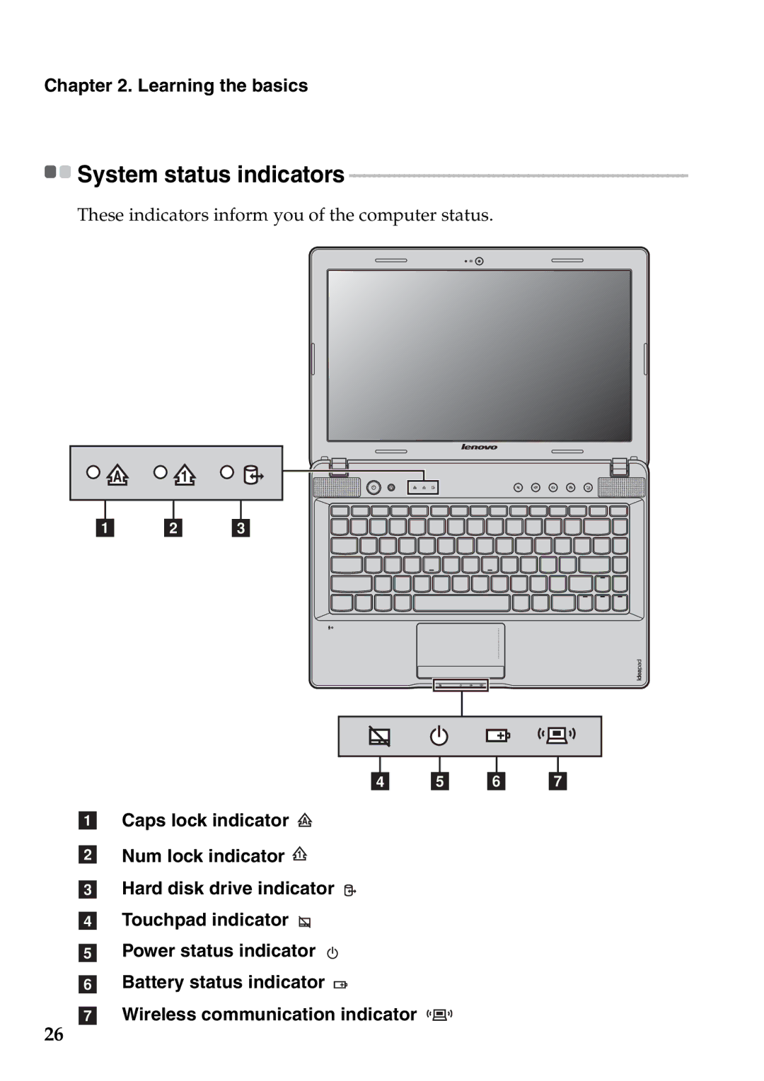 Lenovo Z575, Z475 manual System status indicators 