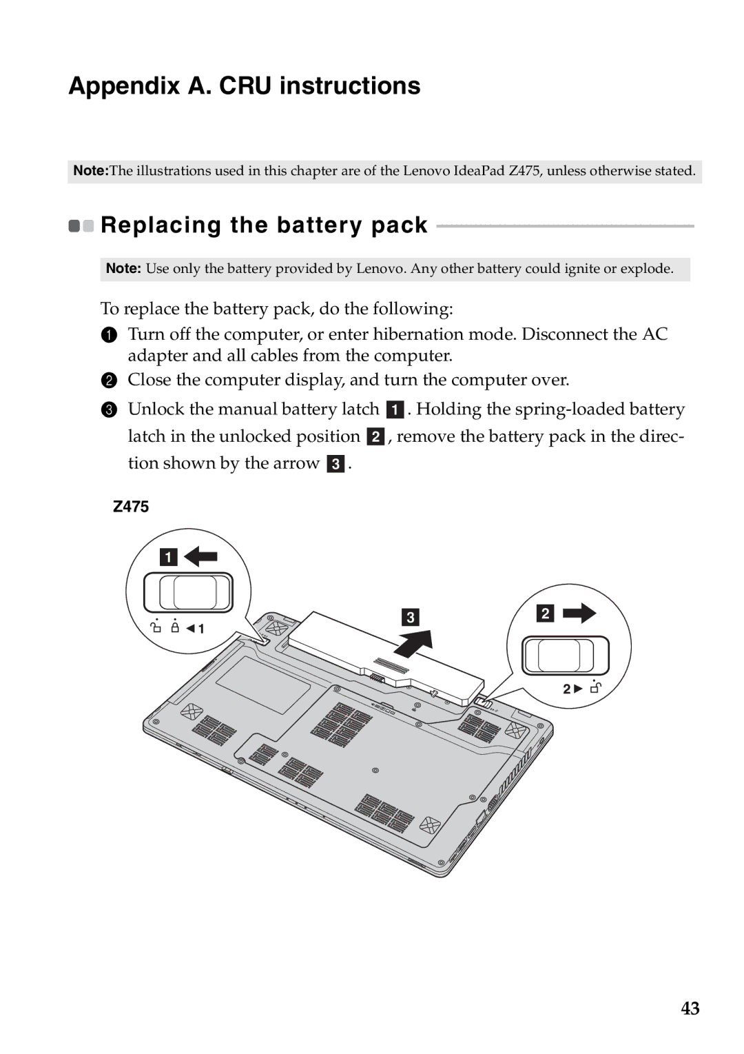 Lenovo Z475, Z575 manual Appendix A. CRU instructions, Replacing the battery pack 