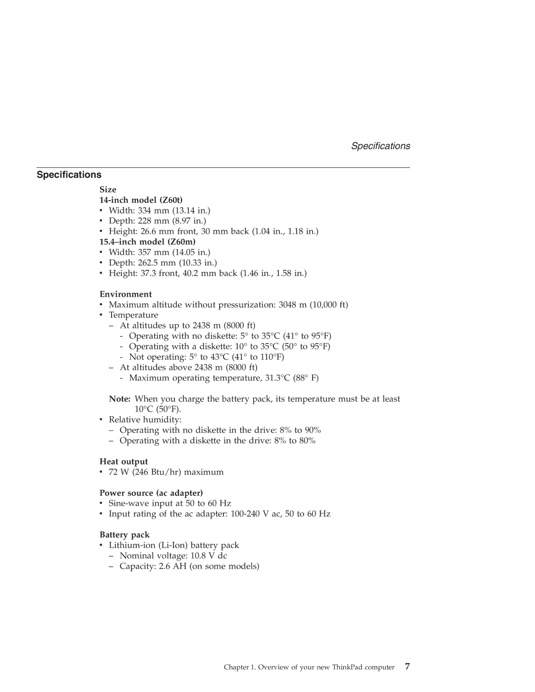 Lenovo Z60T, Z60M manual Specifications 