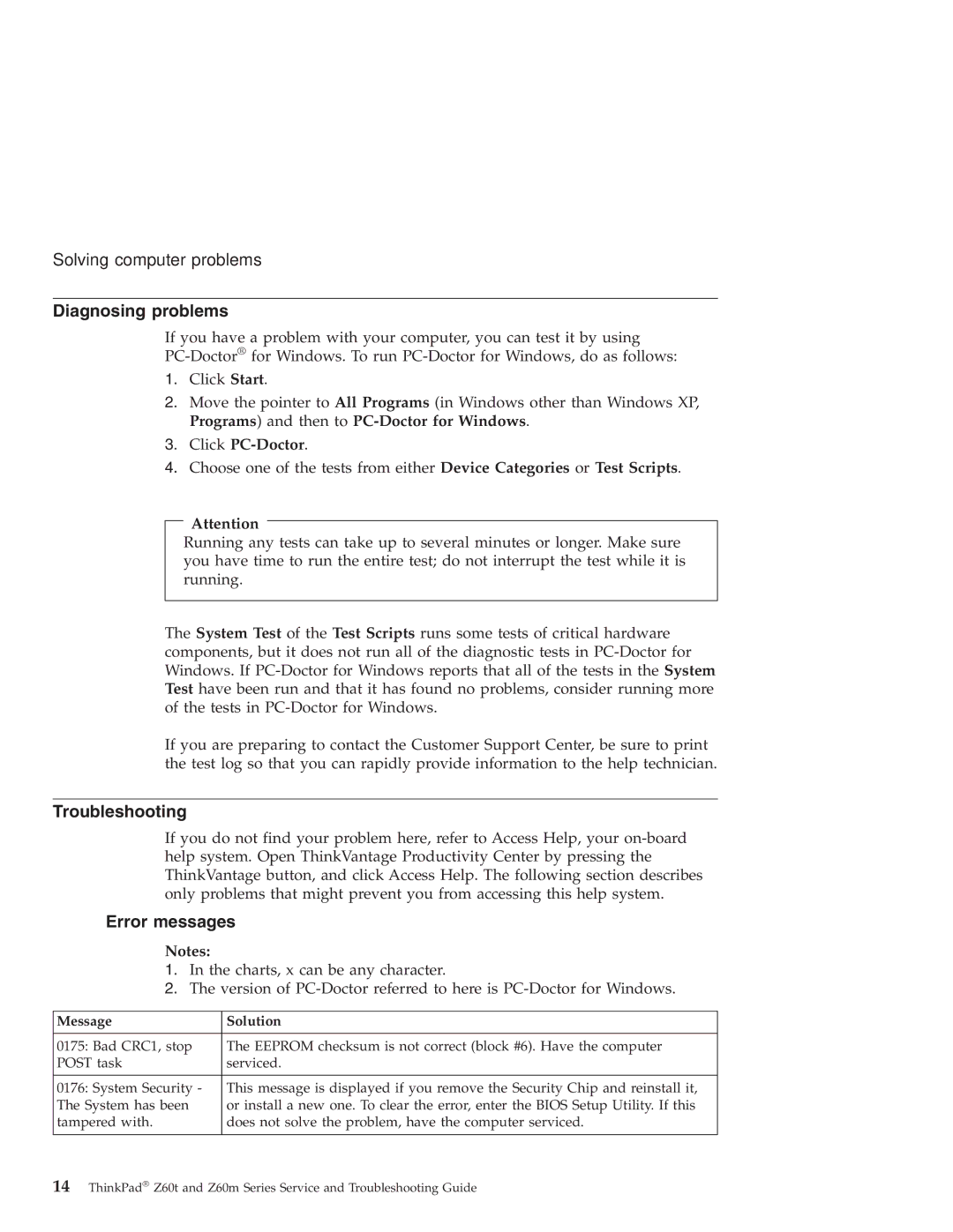 Lenovo Z60M, Z60T manual Diagnosing problems, Troubleshooting, Error messages, Click PC-Doctor 