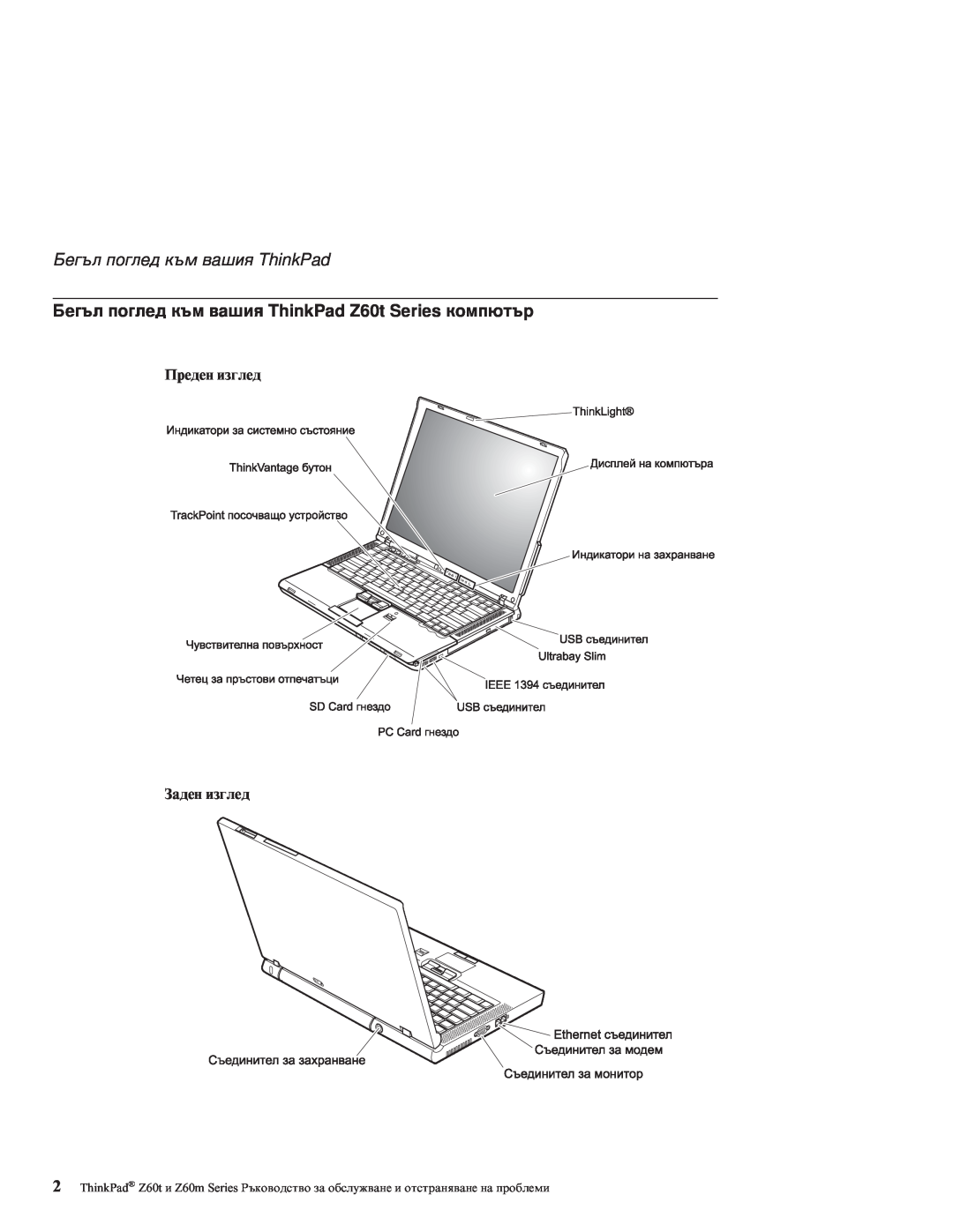 Lenovo Z60M manual Бегъл поглед към вашия ThinkPad, Преден изглед Заден изглед 