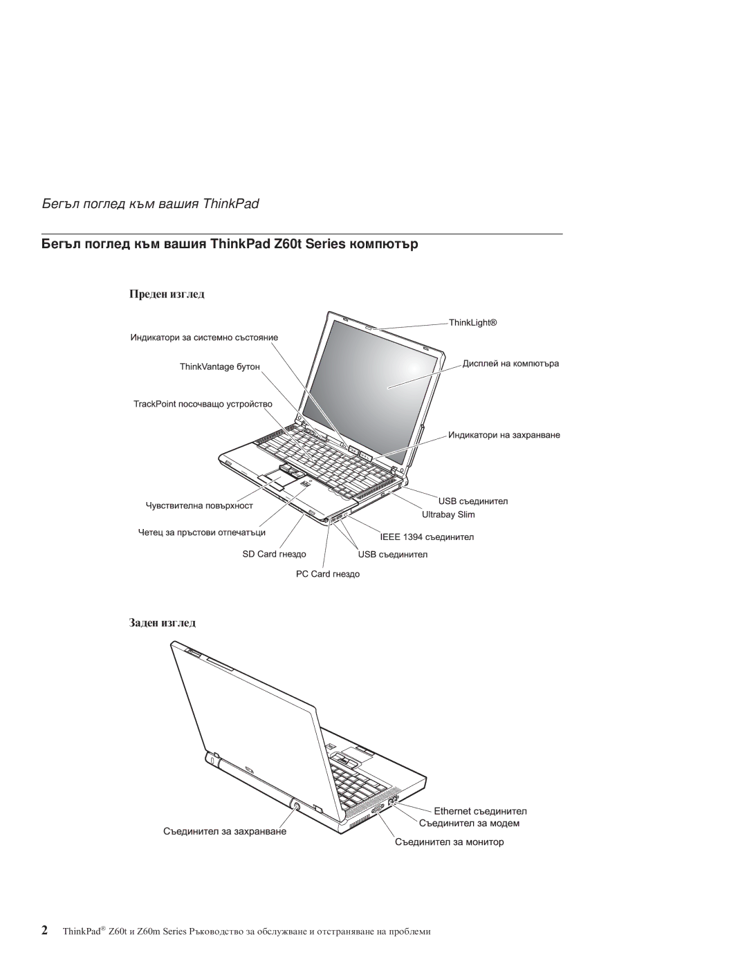 Lenovo Z60M manual Бегъл поглед към вашия ThinkPad Z60t Series компютър, Преден изглед Заден изглед 